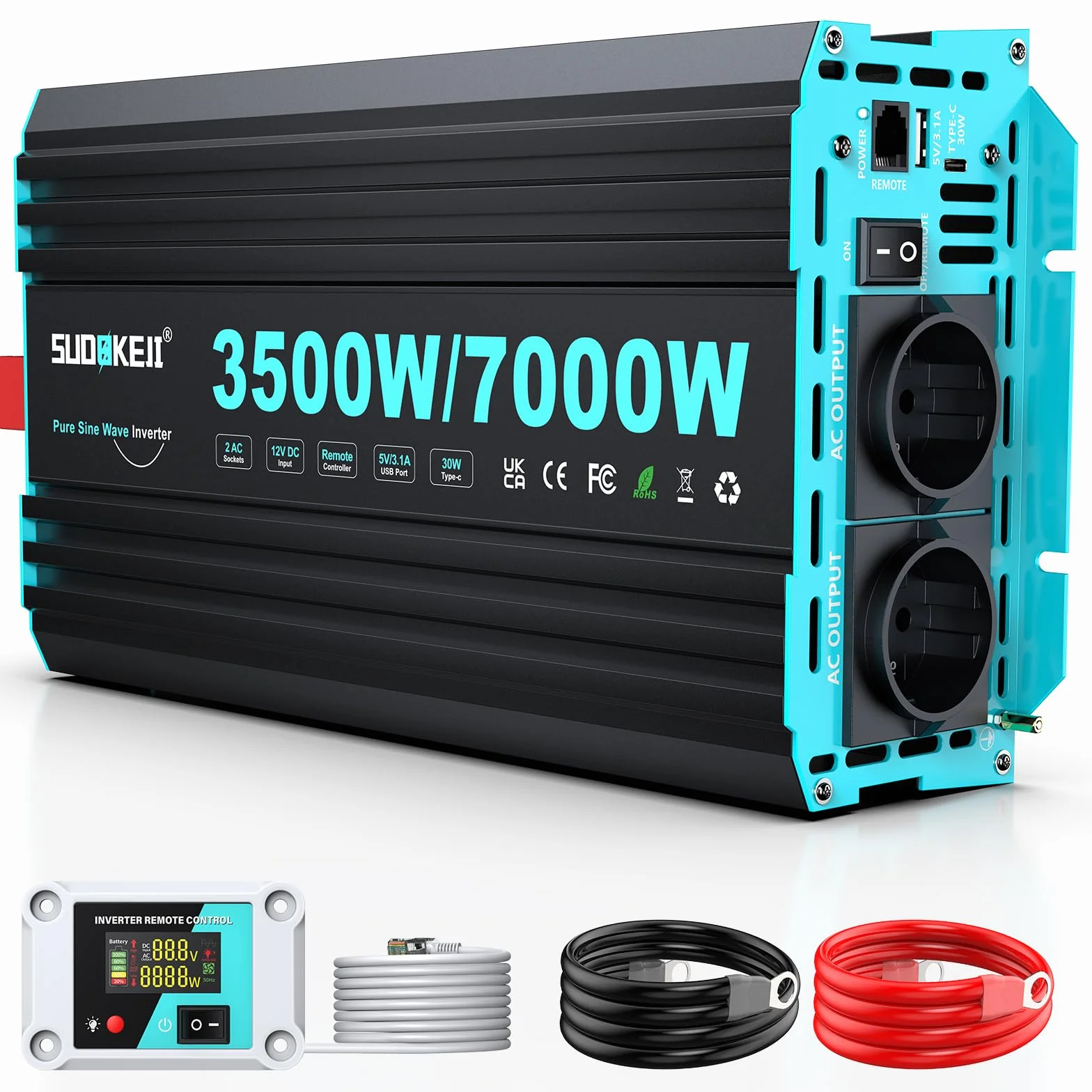 Inverter SUDOKEJI 3500W/7000W ad Onda Sinusoidale Pura, Convertitore 12V-230V con Telecomando LCD, Porte USB/Type-C e 2 Prese UE per Solare, Veicoli e Camper
