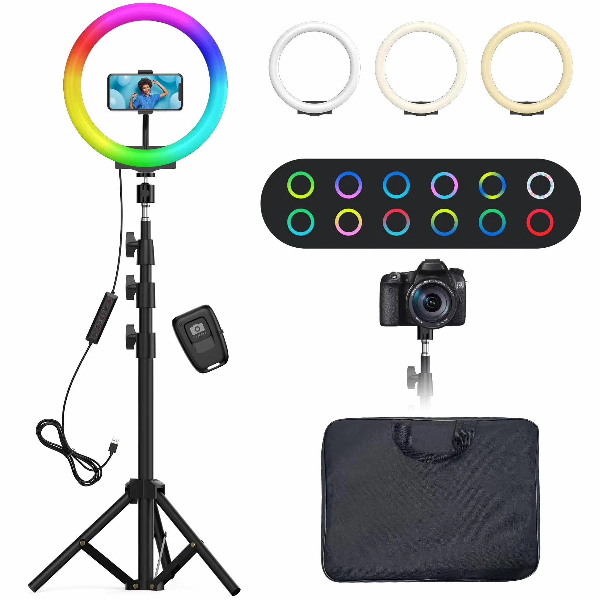 QIUOIO Ring Light con Treppiede Alto, 35 Modalità RGB, 3 Effetti Luce, 10 Luminosità Regolabile, per Smartphone Shooting
