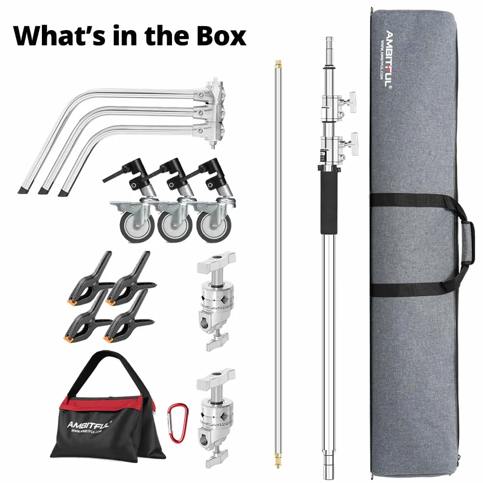 AMBITFUL Stainless Steel Heavy Duty C Stand, 150-320 cm, regolabile con ruote per riflettori, softbox, monolight, braccio resistente (AMBITFUL C-STAND KIT + BAG + WHEELS)