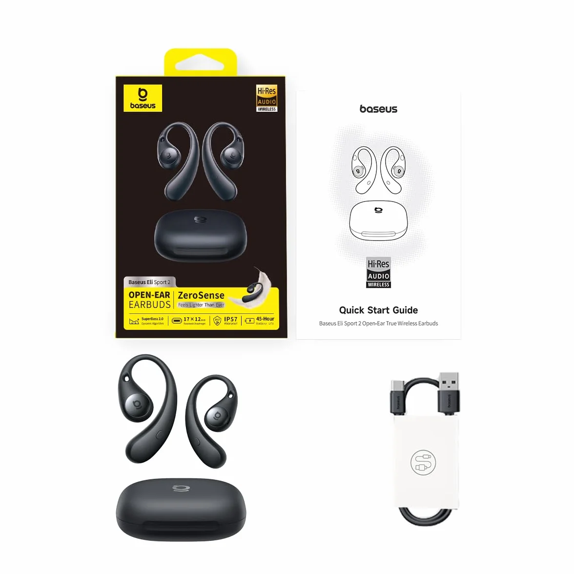 Baseus Eli Sport2 Open Ear Cuffie, Cuffie Sportive Open Ear con Curva di Comfort a S, 45H di Autonomia, SuperBass 2.0, IPX7, Bluetooth 6.0, Chiamate Chiare con 4 Microfoni AI