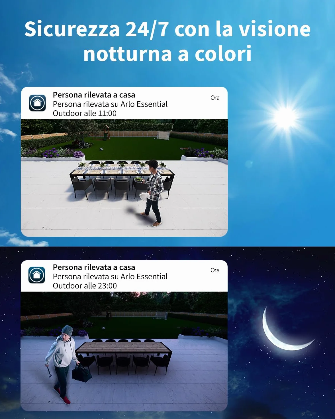 Arlo Essential HD Telecamera WiFi Esterno Senza Fili, Telecamera WiFi Interno, Sirena Allarme Casa, Sensore Di Movimento, Visione Notturna A Colori, Prova Inclusa Arlo Secure, 2 Telecamere, Bianche