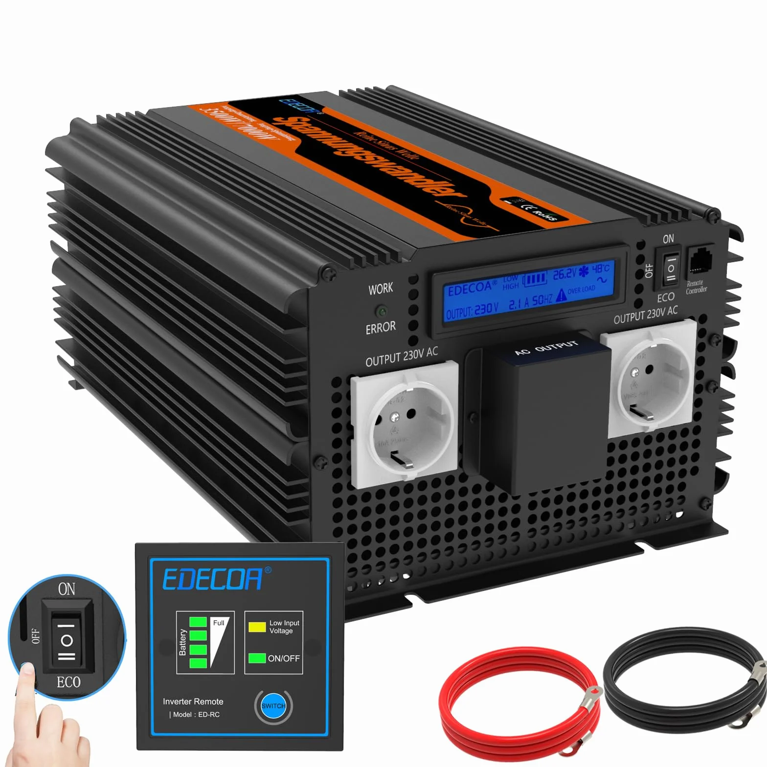 EDECOA Inverter 24v 220v Onda Pura inverter di potenza 3500w con Telecomando per camion, pannelli solari Convertitore di pontenza 24v 230v (3ème génération)