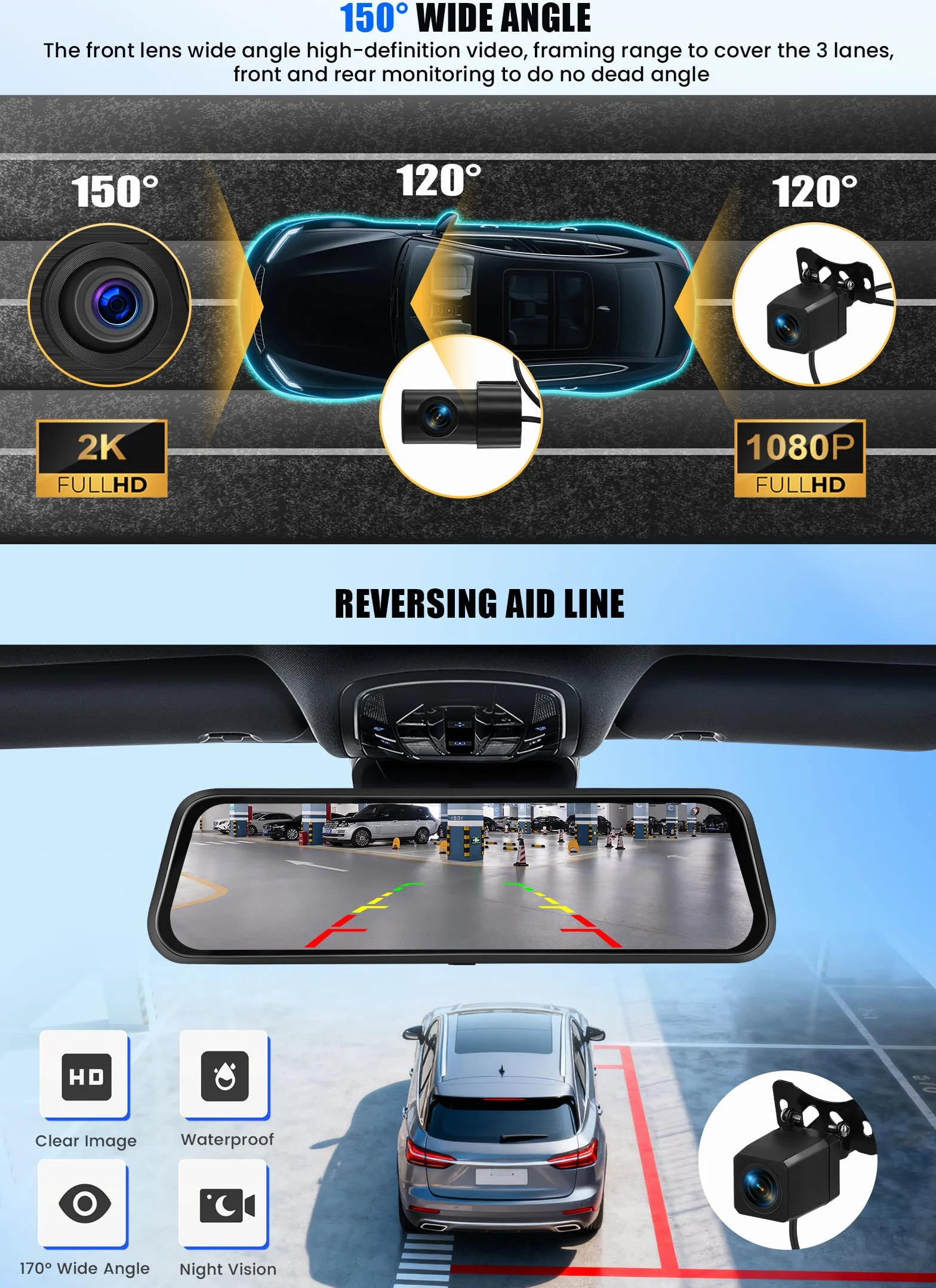 CAMECHO Mirror Dash Cam Schermo da 9.66 pollici 2K, Dashcam con TRE Telecamere: Anteriore/Interna/Posteriore -WiFi registrazione loop/sensore di gravità/assistenza al parcheggio