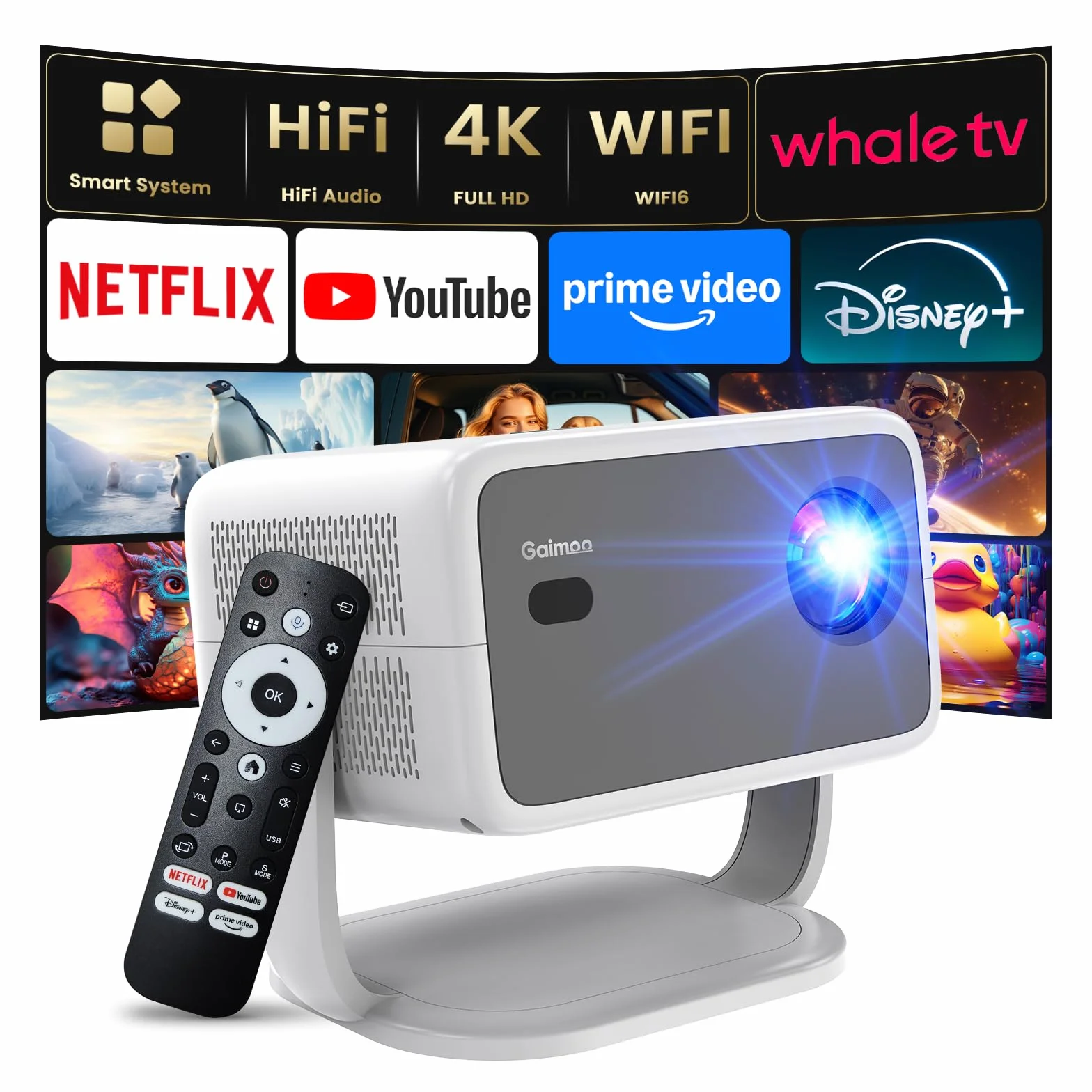4K Proiettore [Auto Focus/Base Girevole a 360°] Proiettore con Wifi e Bluetooth 1080P Nativo Proiettori One-Click Use YouTube/D+, Smart Home Outdoor Proiettori