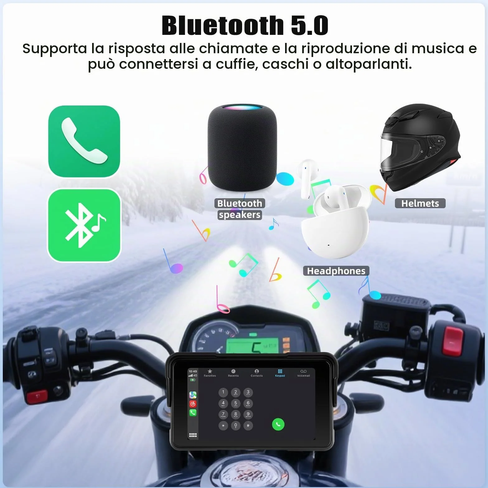 SIXTOP CarPlay Moto con CarPlay e Android Auto Wireless, Portatile GPS Navigatore Moto, 5 Pollici Schermo Touch con Impermeabile IP68, Bluetooth e Siri