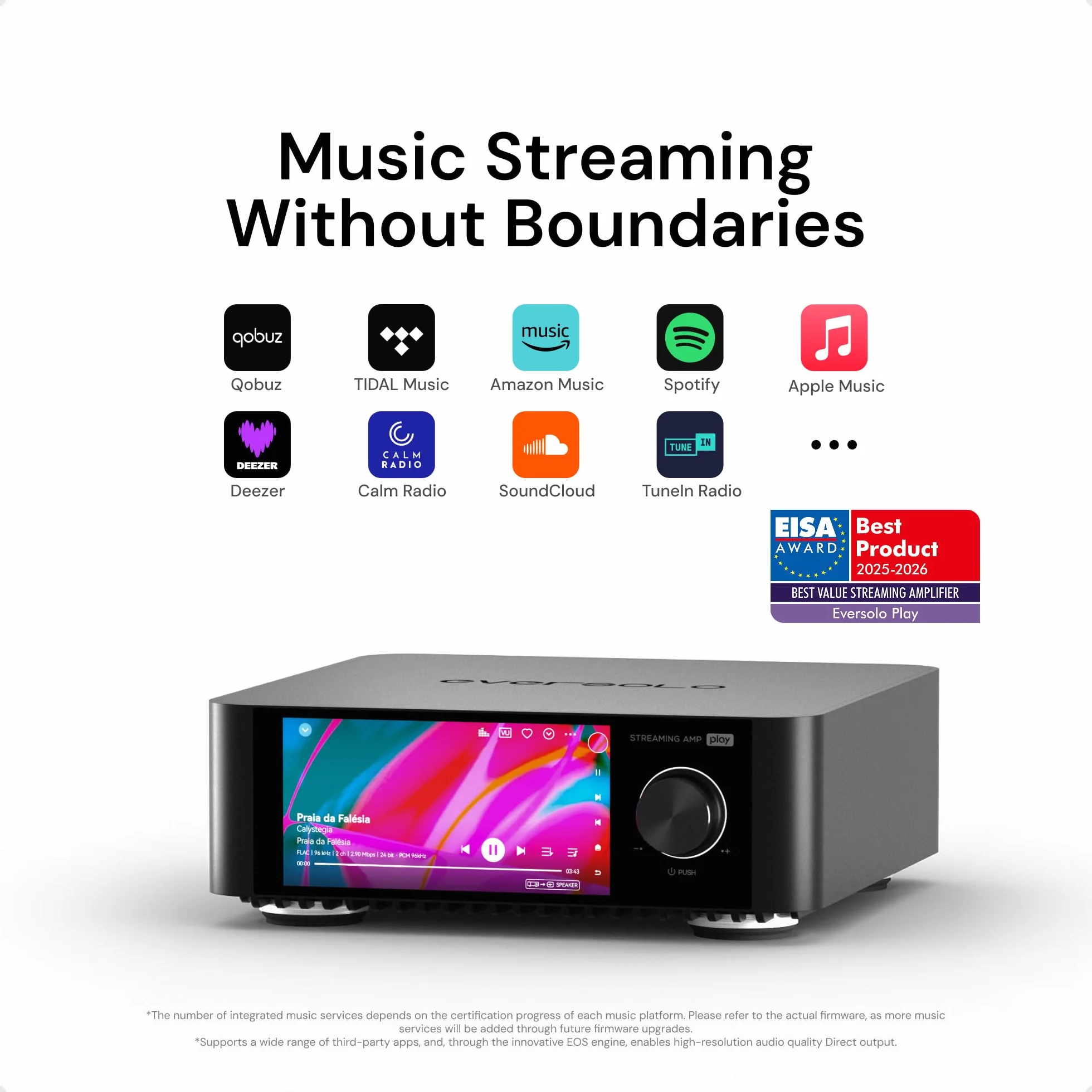 EVERSOLO streamer musicale tutto in uno con amplificatore touchscreen 5,5 pollici correzione di stanze nero