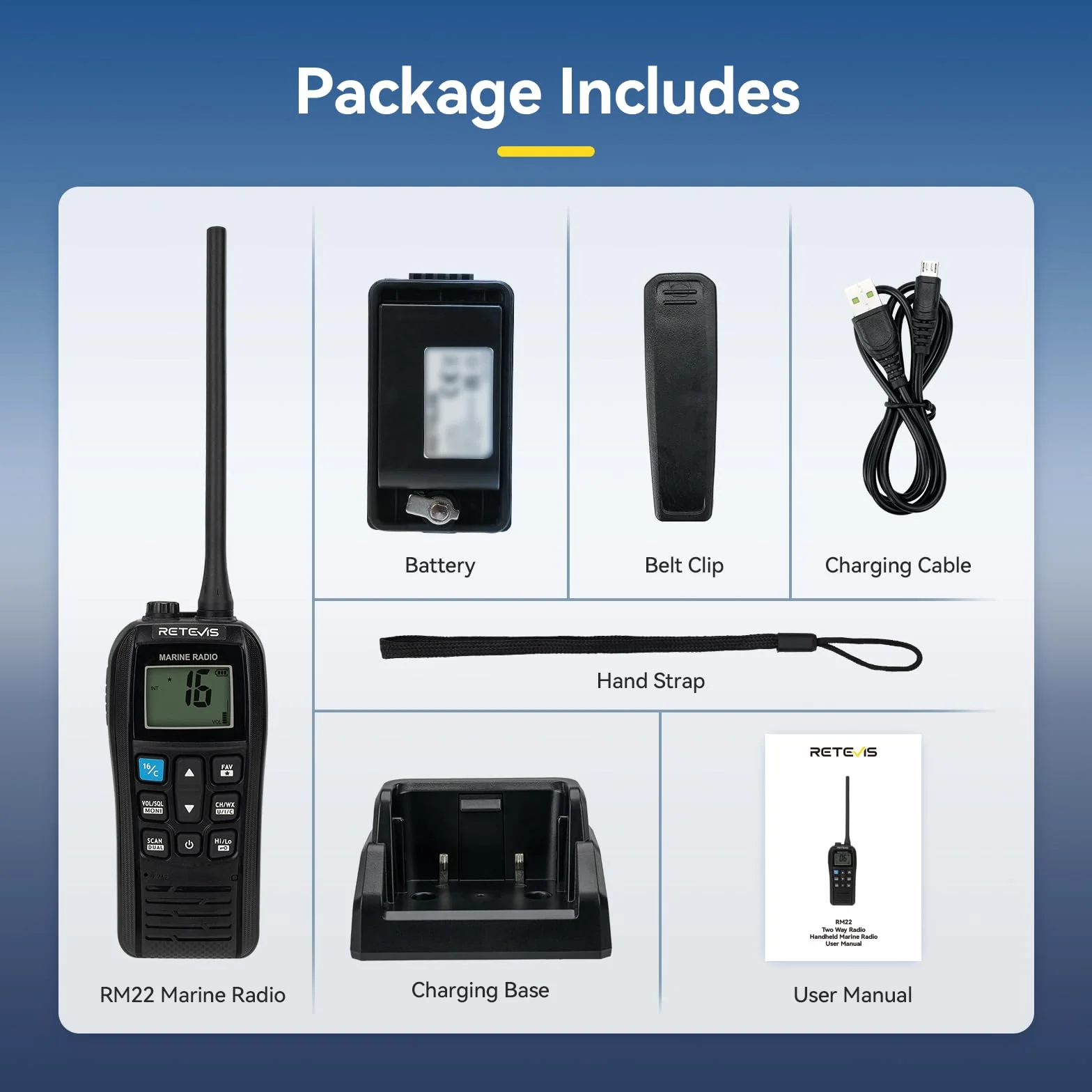 Retevis RM22 VHF Marino Portatile Walkie Talkie Impermeabile IP67 Galleggiante 2200 mAh 88 Canali Radio Marina Bidirezionale
