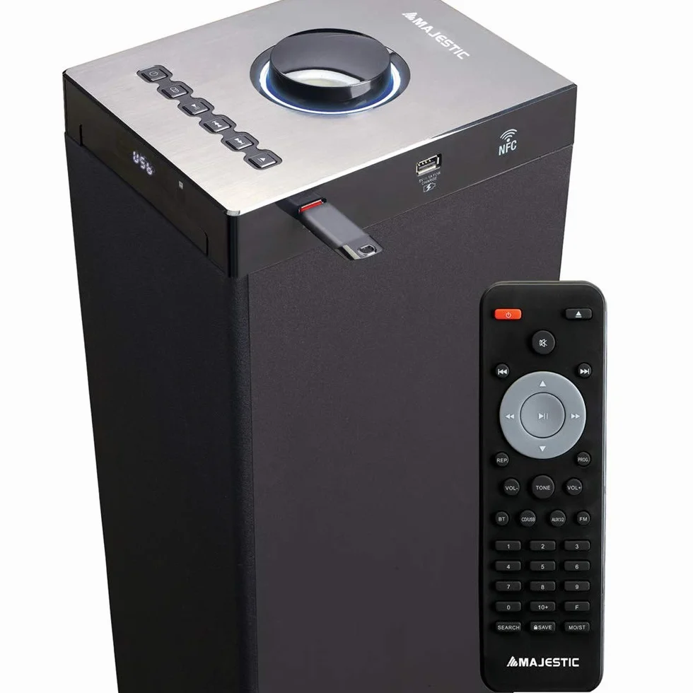 Majestic TS 92R CD BT USB AX - Altoparlanti a torre con Bluetooth NFC, Lettore CD/MP3, doppia USB, ingresso AUX-IN, telecomando, Nero