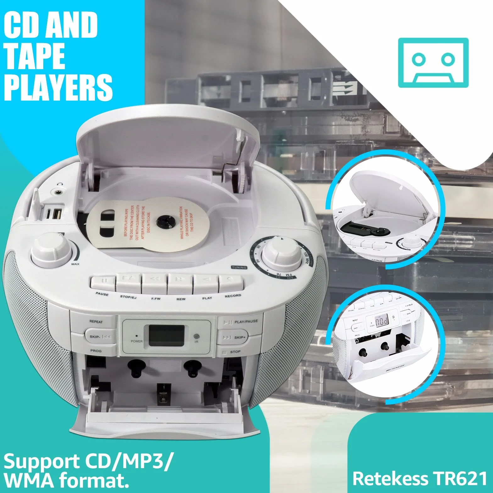 Retekess TR621 Lettore CD Boombox Portatile, Radio con Lettore CD, AM FM Radio, Supporto USB TF, con Telecomando, AC o Alimentato a Batteria, Accompagna la Famiglia e Gli Amici, Regalo(Bianco)
