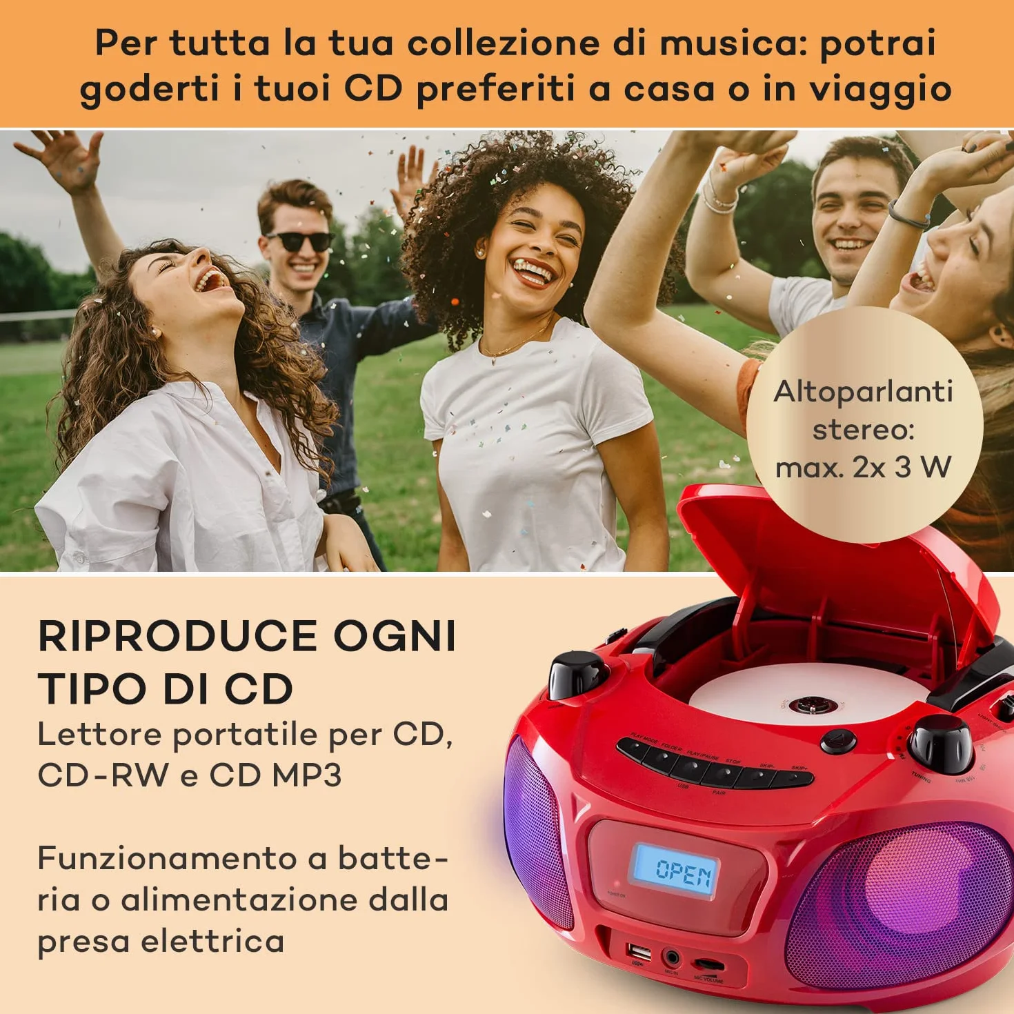 Auna Portatile Bluetooth con Lettore CD, Boombox 3W, Radio FM Stereo, AUX, Display a LED, USB, Bluetooth 5.0, MP3, Ricaricabile Vintage