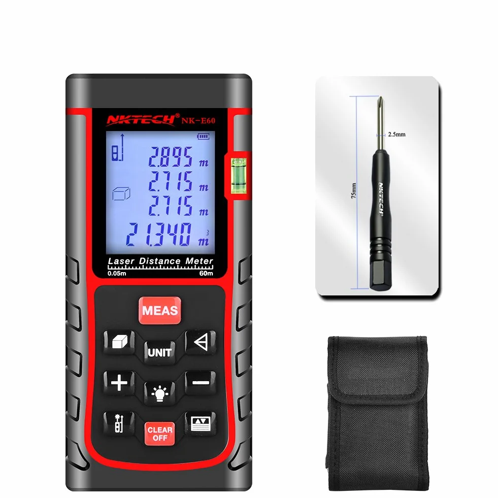 Laser Distance Meter Telemetro Laser 40 m 60 80 100 120 150 m Range Finder Strumenti m/in/ft Lunghezza nastro Area Volume Angolo di Misura 100 Data Air Bubble Level (NK-E60 120 ft)