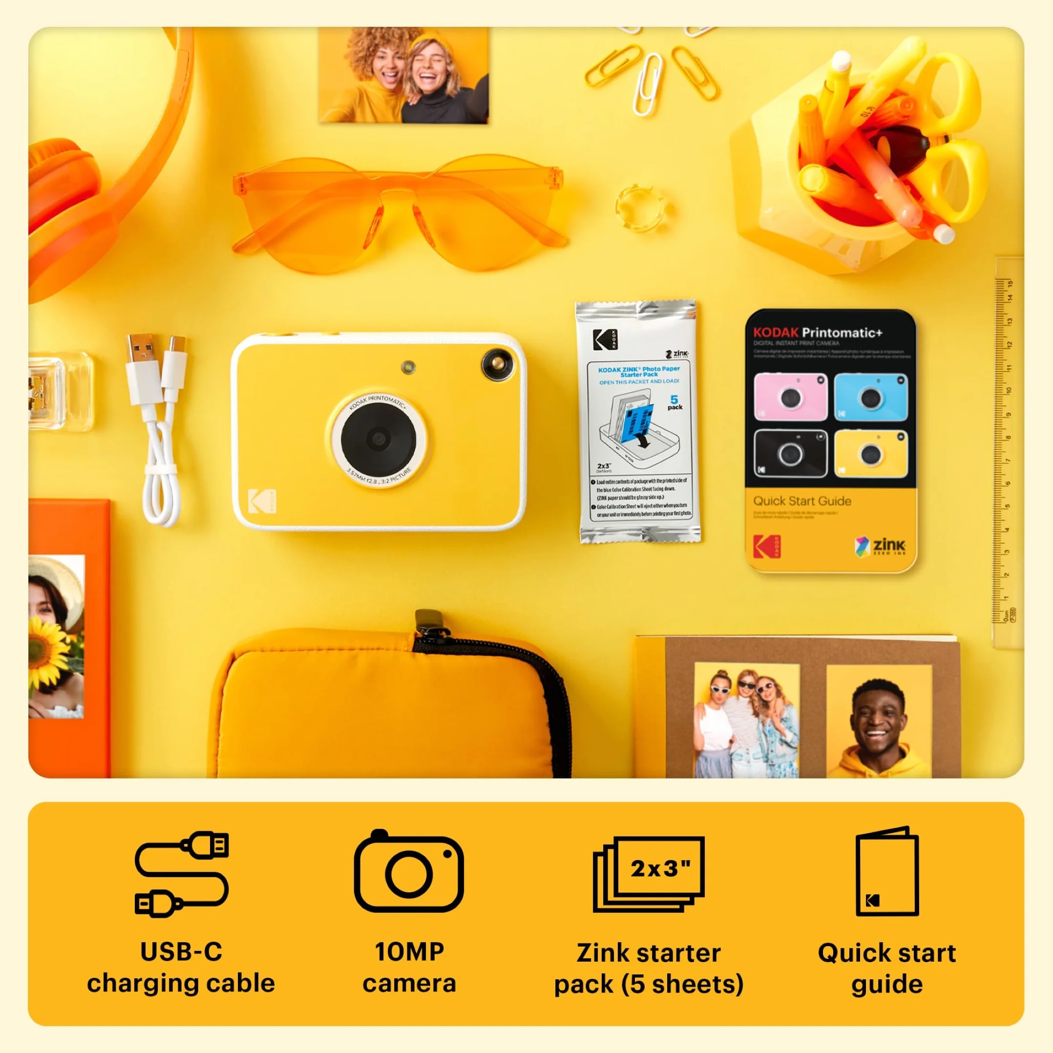 KODAK Printomatic+ Fotocamera Digitale Istantanea 10MP con LED RGB, stampa foto a colori su carta Zink 2x3” – Gialla