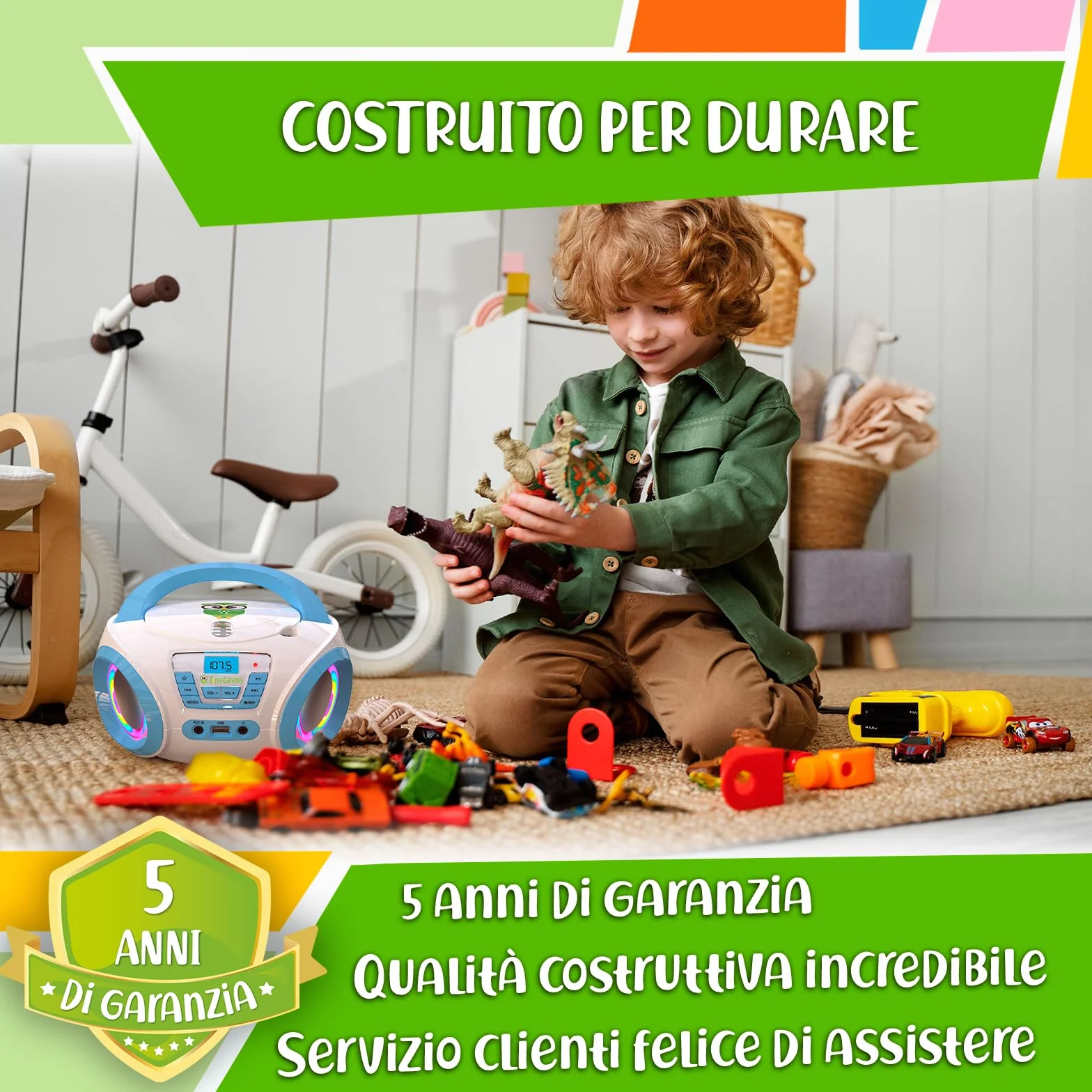 TinyGeeks Tunes CD PLAYER - NUOVO + Radio FM + Batterie incluse + LETTORE CD BAMBINI con altoparlanti + Regalo perfetto per bambini - Bianca