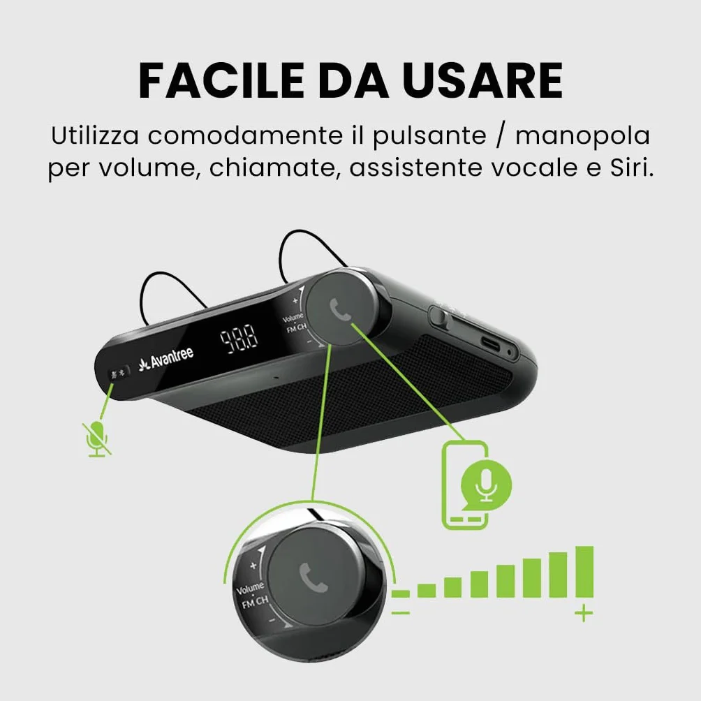 Avantree Roadtrip - Altoparlante Wireless 2-in-1 Kit Vivavoce Bluetooth per Auto per Trasmettere l’audio del Cellulare all’auto con altoparlanti 6W, Microfono Integrato e riproduzione di 22 h