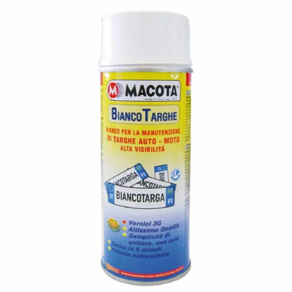 MACOTA VERNICE BIANCO TARGHE SMALTO SPRAY MANUTENZIONE RINNOVA TARGA AUTO MOTO CAMPER 400 ML