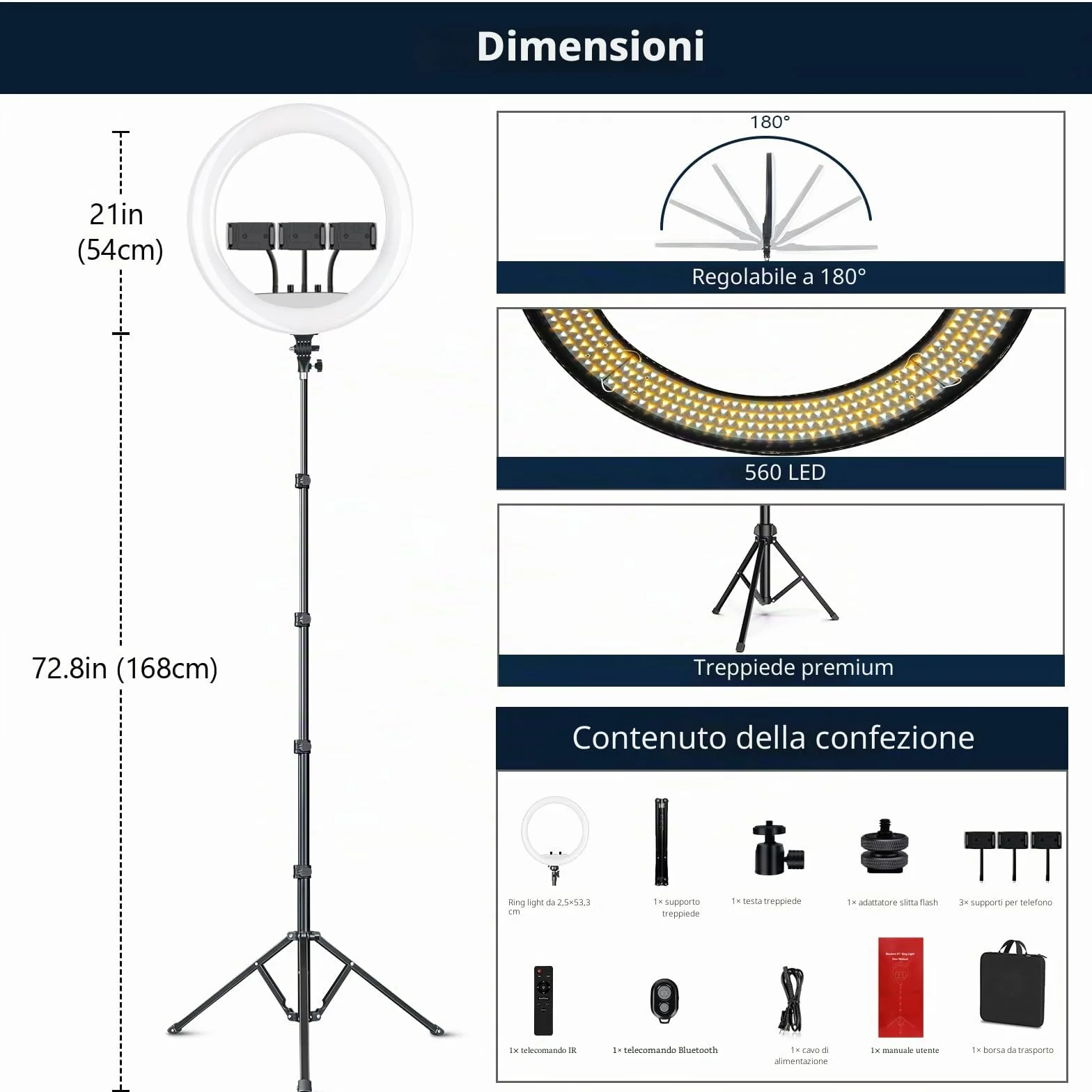 53.34CM/21 pollice Ring Light Telefono CRI 95+, Luce per Selfie 7000LM, 700K-6500K con testa per treppiede DSLR per YouTube TikTok Streaming Trucco Vlog Video Fotografia Zoom Riunione