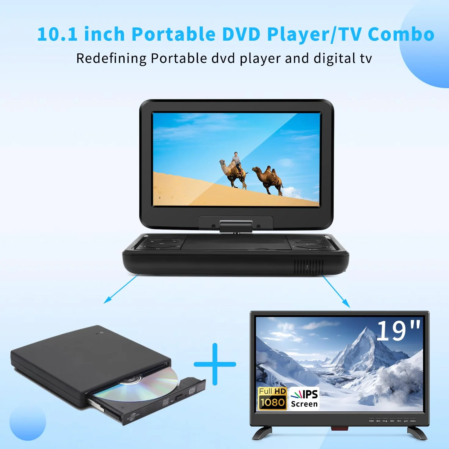 KCR Lettore DVD Portatile da 10,1 Pollici con TV DVB-T2 Integrata, Schermo LED Girevole, USB/HDMI/AV, Batteria Ricaricabile