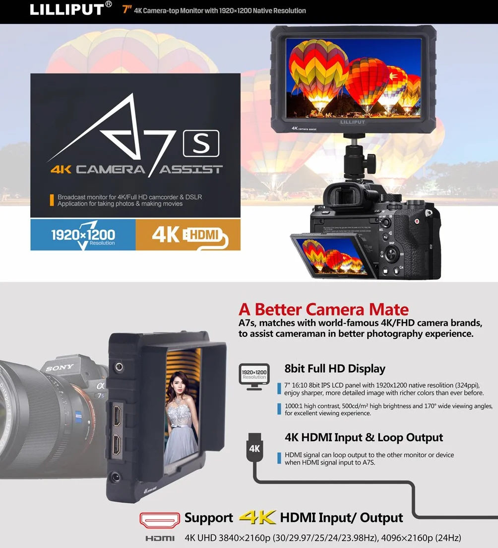 nero Lilliput A7S 7 pollici 1920x1200 IPS Screen Camera Field Monitor 4K HDMI Input output DSLR Camera A7 A7R A7S II A6500 GH4 GH5 5D Mark IV 6D 7D 70D 80D Ronin M