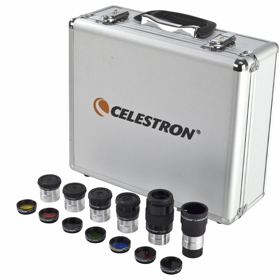 Celestron 94303 Kit di filtri e oculari da 3 cm - Include 14 pezzi in una custodia in metallo rivestita di schiuma, argento