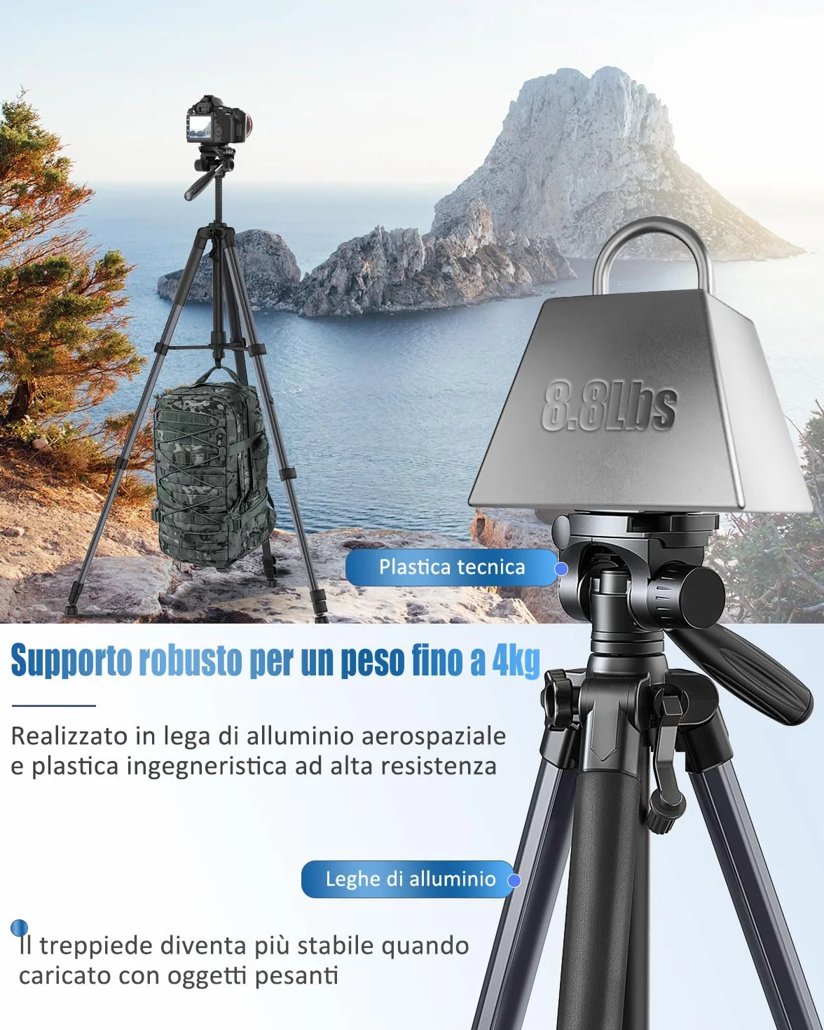 POLAM-FOTO Treppiede per fotocamera da 188 cm, treppiede Porfessional in alluminio resistente, treppiede compatto con borsa per il trasporto, con supporto per telefono grigio