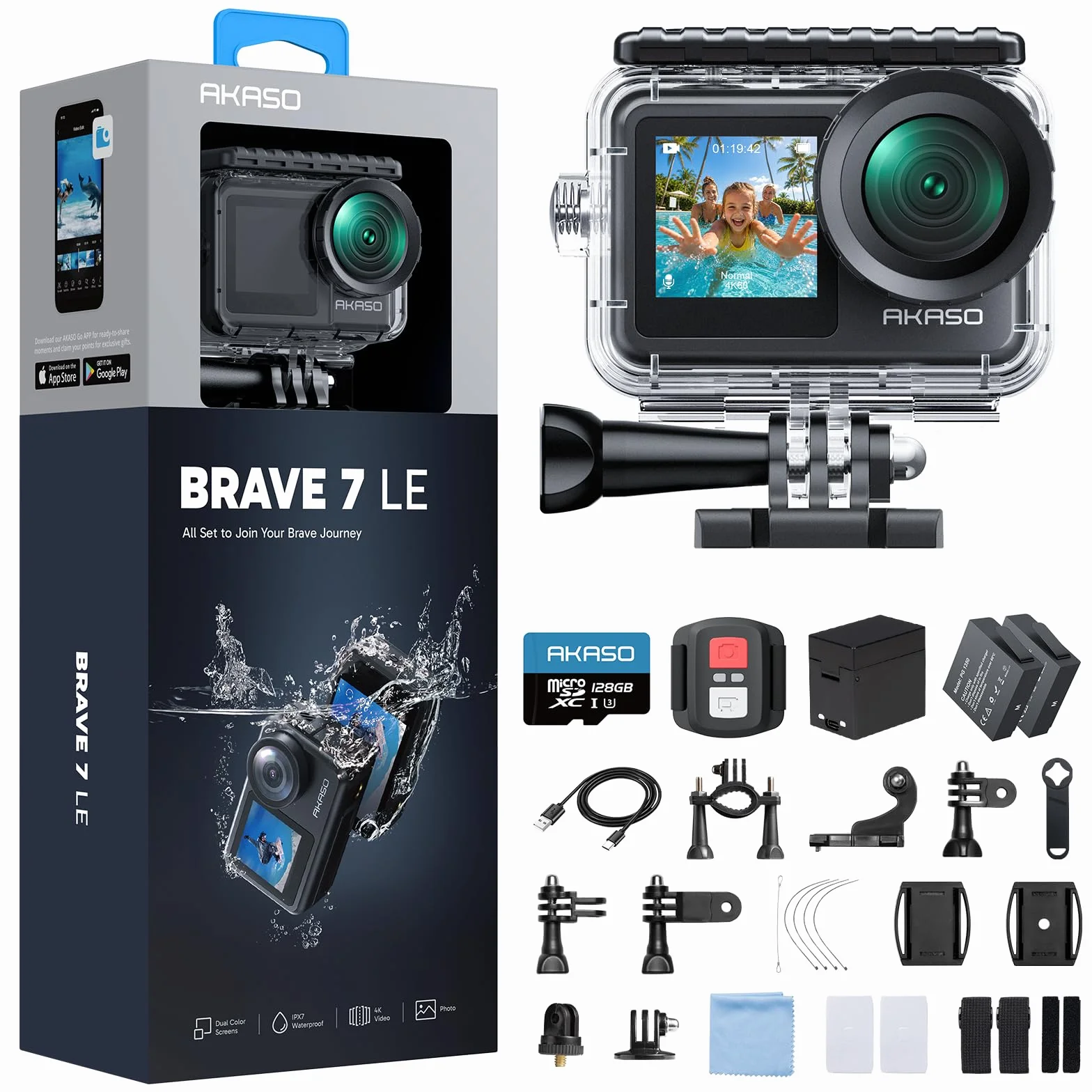 AKASO Brave 7 LE Action Cam 4k30FPS 20MP con Scheda di Memoria U3 da 128GB IPX7 Impermeabile EIS Fotocamera Touch Screen Doppio Schermo Fotocamera Subacquea 40M