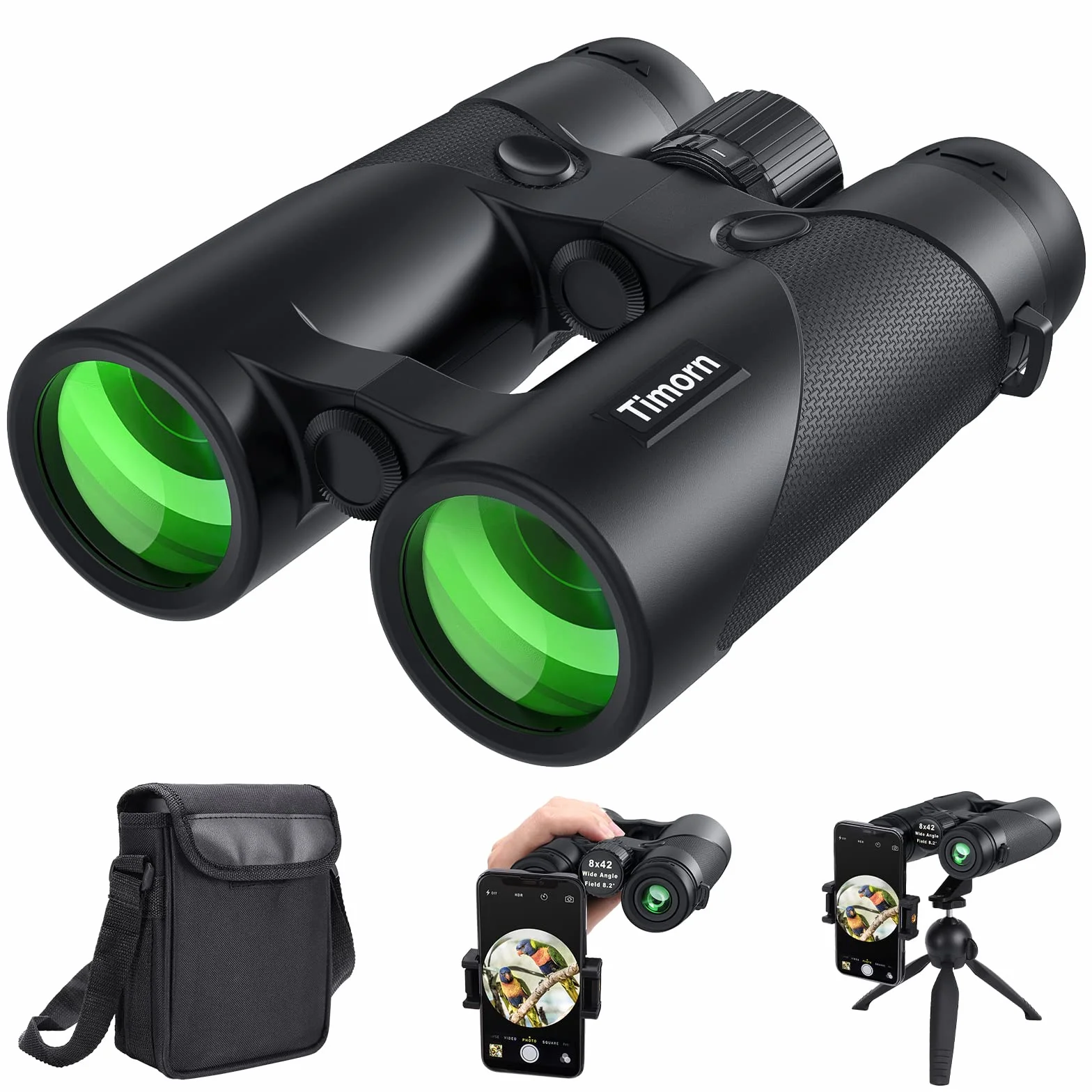 Binocolo Professionale Potente Compatto Safari: Timorn Binocoli 8x42 Visione Ampia Impermeabile con Treppiede Adattatore Telefono per Caccia, Birdwatching, Trekking, Escursionismo