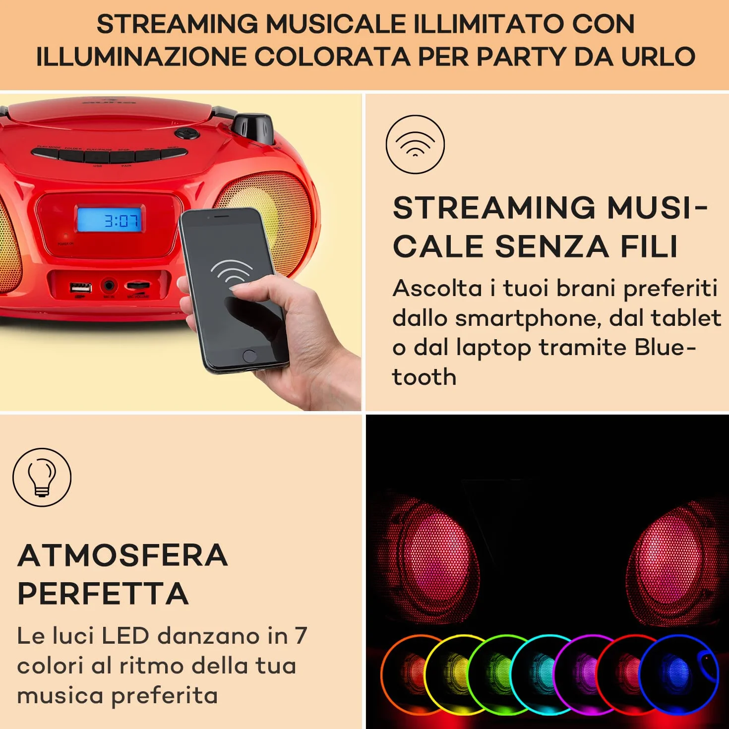 Auna Portatile Bluetooth con Lettore CD, Boombox 3W, Radio FM Stereo, AUX, Display a LED, USB, Bluetooth 5.0, MP3, Ricaricabile Vintage