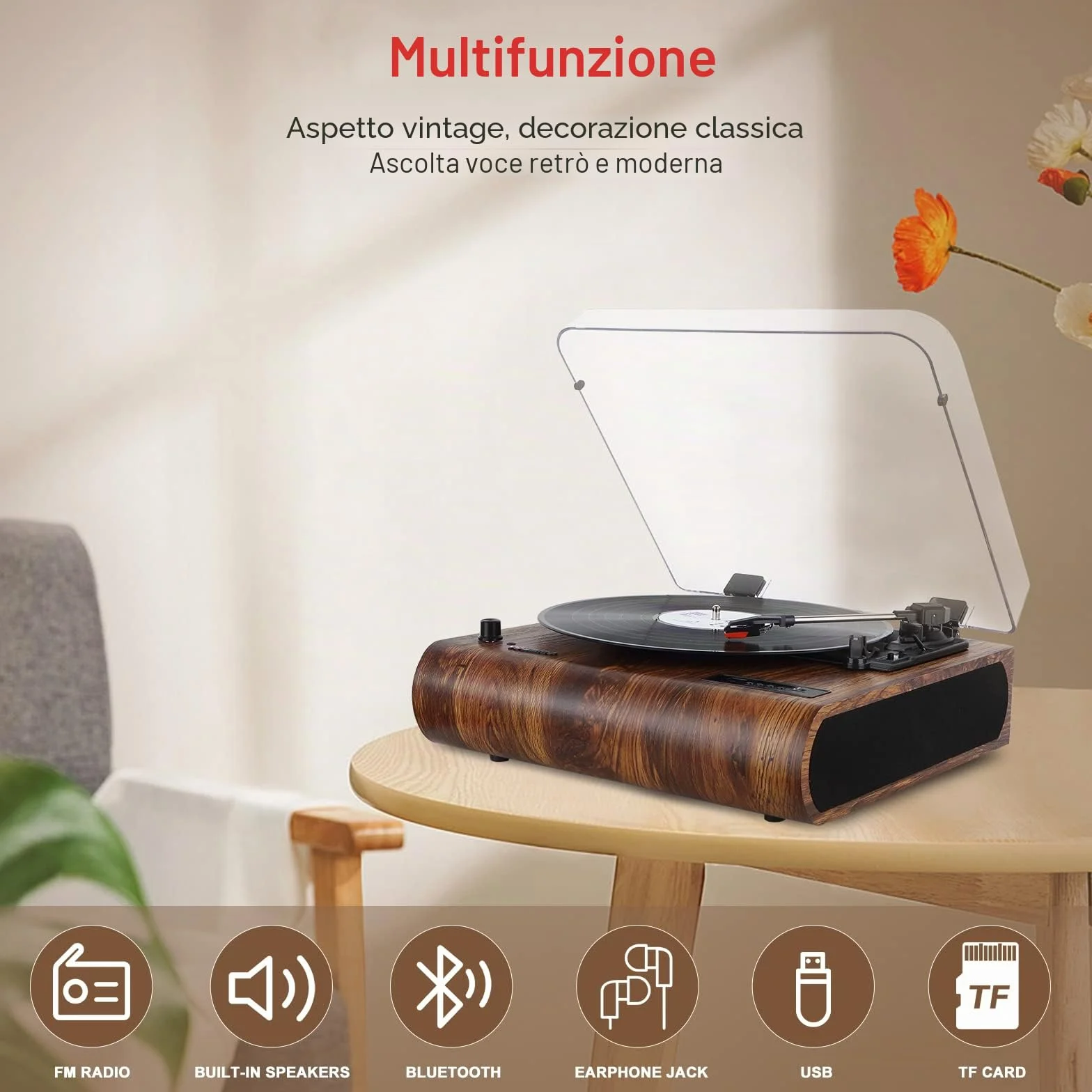 Vosterio Vinile Giradischi Bluetooth Portatile a Tre Velocità,Vintage con Altoparlanti Stereo Integrati, con Uscite RCA, Presa Cuffie, Radio FM, USB, Aux-in e display a LED