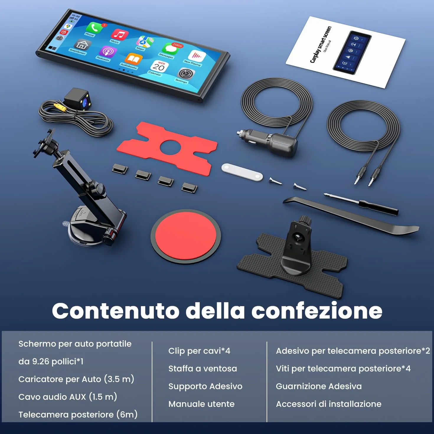 Schermo Portatile Wireless da 9,26" CarPlay per Apple CarPlay & Android Auto, Aggiornamenti OTA, Telecamera di Retromarcia, Mirror Link, Bluetooth 5.0, Controllo Vocale, Navigazione GPS, FM