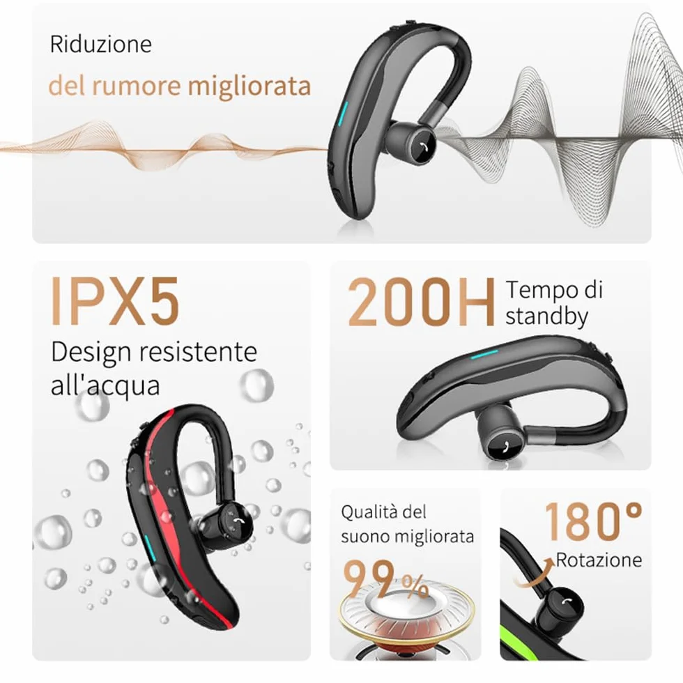Auricolare Wireless Bluetooth 5.4 Mono/Indip. (L/R), 200h standby, ENC, HiFi, IPX4, 180° rotazione, 12g ultra-leggero, compatibile iOS/Android. Design ad aggancio.(rosso)