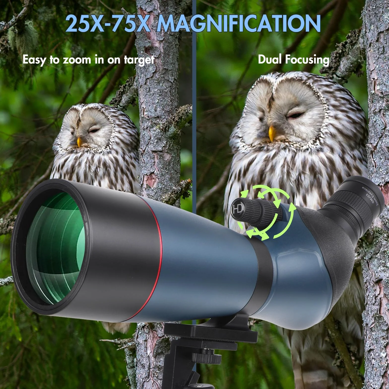 Telescopio ultra HD 25-75 x 70, doppia messa a fuoco, impermeabile, obiettivo FMC, prisma BAK4, custodia, treppiede, caccia, bird watching, paesaggi selvatici (blu)