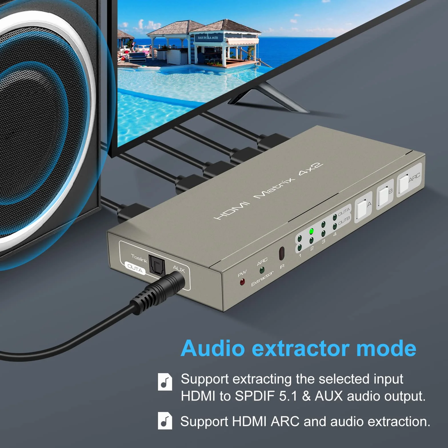 HDMI Matrix Switch 4K60Hz 4 in 2 Out Switcher Splitter Optical 3.5mm AUX Audio Output con IR Remote Supporta ARC 4K 3D e 1080P HDR Vision Atmos 18Gbps with EDID HDCP 2.2