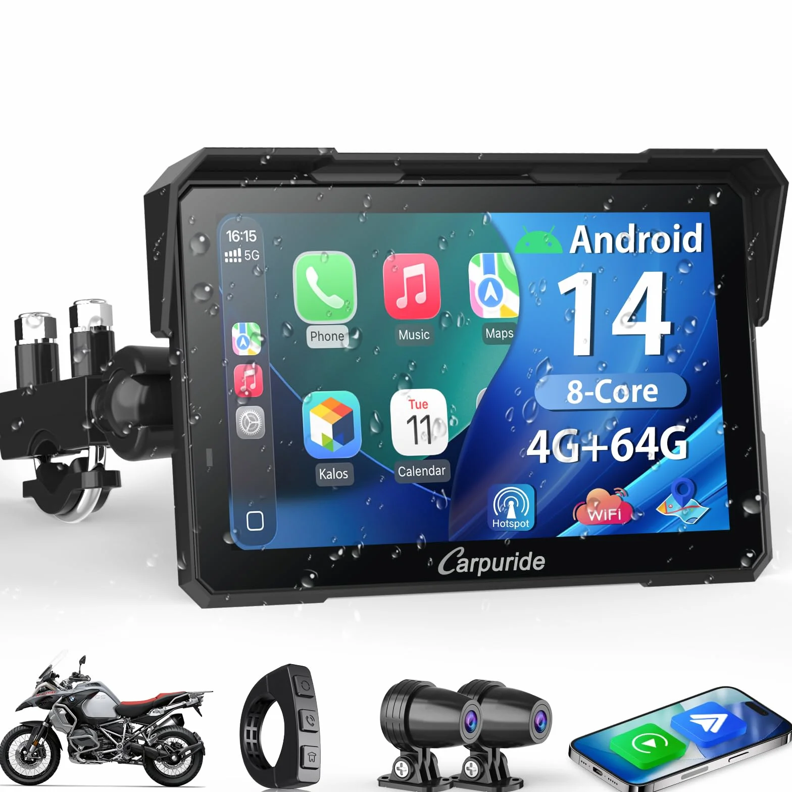 Carpuride W702 Plus Android 14 Moto Carplay Schermo con doppia fotocamera, Senza Fili CarPlay e Android Auto, 7" Touchscreen Impermeabile, BT Audio, Loop Registrazione,Navigazione online e offline.