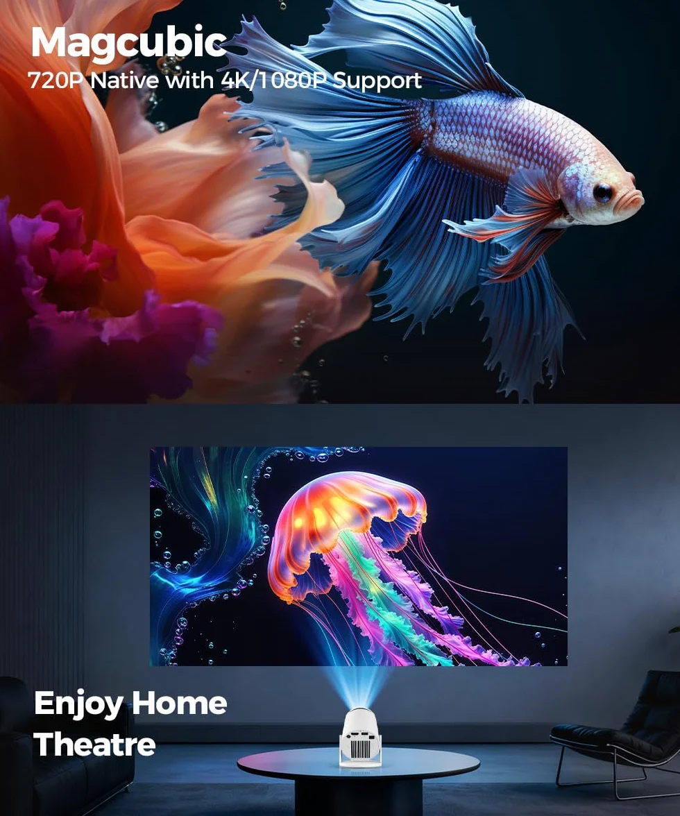 Mini Proiettore 4K Smart Projector 5G WiFi 6 BT 5.4 Full HD 1080P 200ANSI 8000L Auto Trapezoid Correction