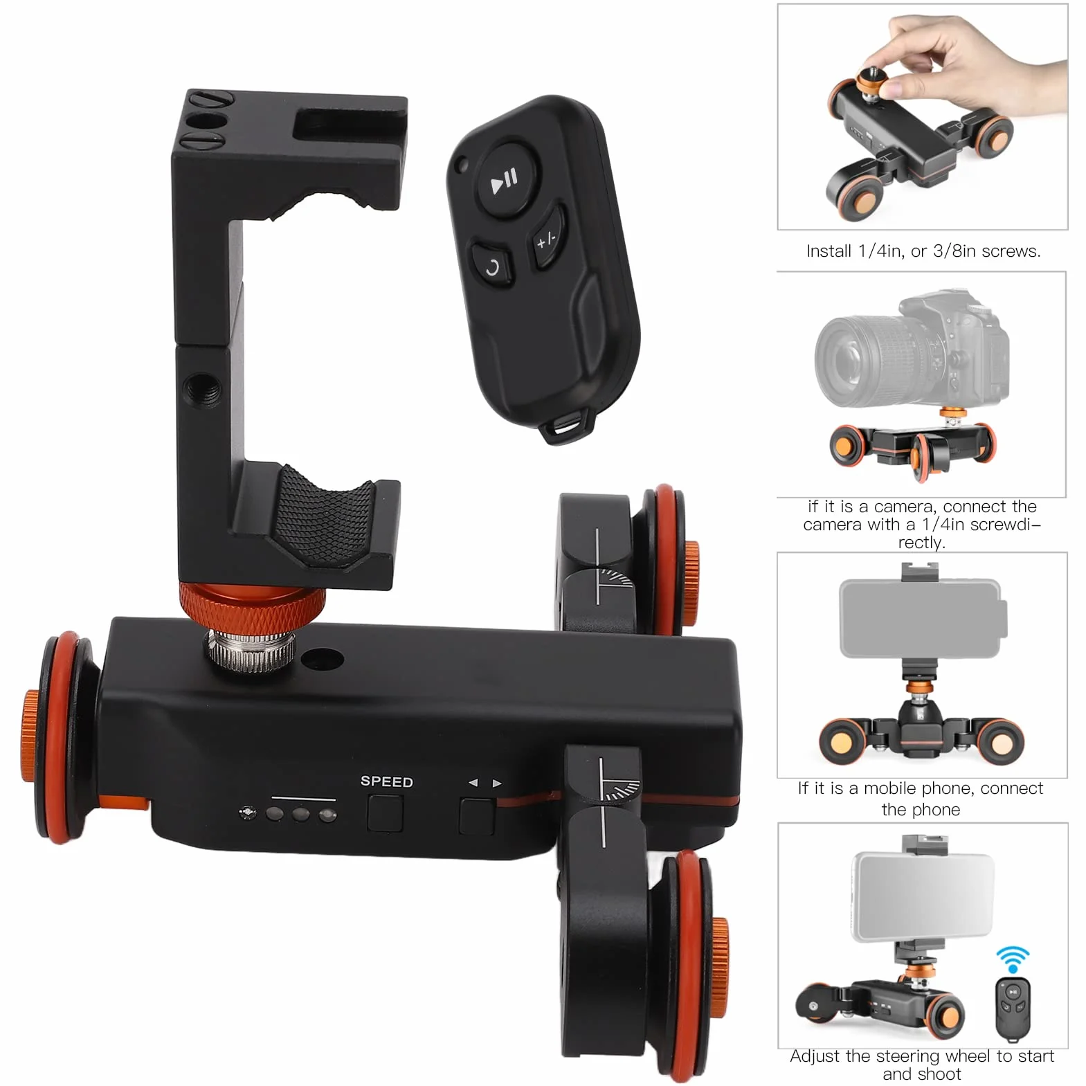 Goshyda Cursore per Videocamera Elettrica, Carrello per Videocamera Wireless a 3 Ruote, Carrello per Binario Motorizzato a 3 velocità, con Clip per Telefono con Telecomando, per Vlog, Riprese Video