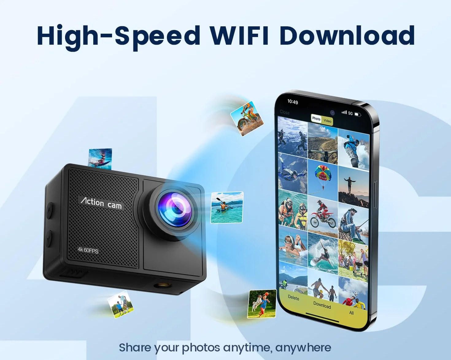 Action Cam 4K60FPS 48MP HD con Scheda SD 64GB,40M Macchina Fotografica Subacquea,Zoom 8x Videocamera,EIS,WiFi,Telecomando,2 * 1350 mAh-POV Senza Mani per Sport Estremi(Accessori Inclusi)