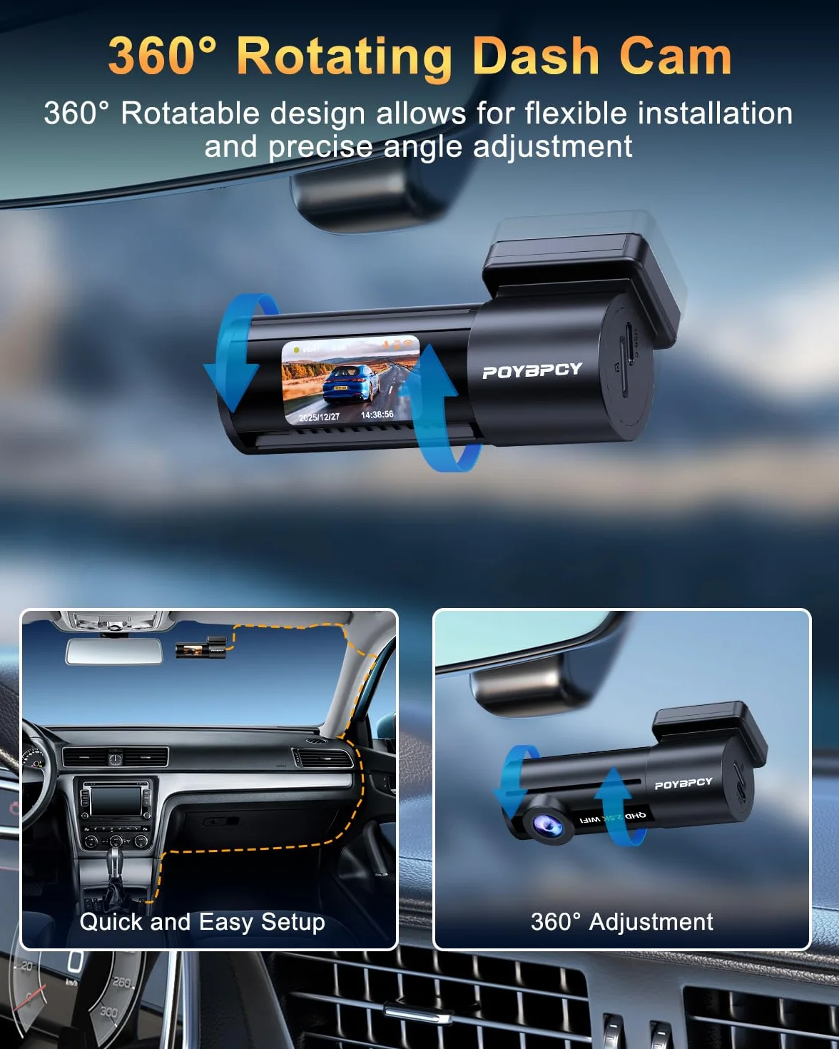 Dash Cam Auto 2.5K WiFi 5G con APP, Mini Dashcam Auto 170° Grandangolo, Telecamera per Auto 360 Gradi Rotabile, Visione Notturna WDR F1.8, G-Sensor, Loop Recording, Parking Monitor e Time-Lapse