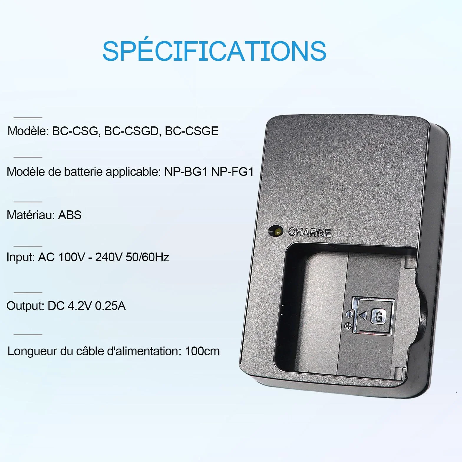 BC-CSGB NP-BG1 NP-FG1 Caricabatterie compatibile con Sony Cybershot DSC-HX5V,DSC-HX9V,DSC-W30,DSC-W35,DSC-W50,DSC-W55,DSC-W70,DSC-W80,DSC-H10,H20,H50,H55 Fotocamera e 120cm AC Power Cord