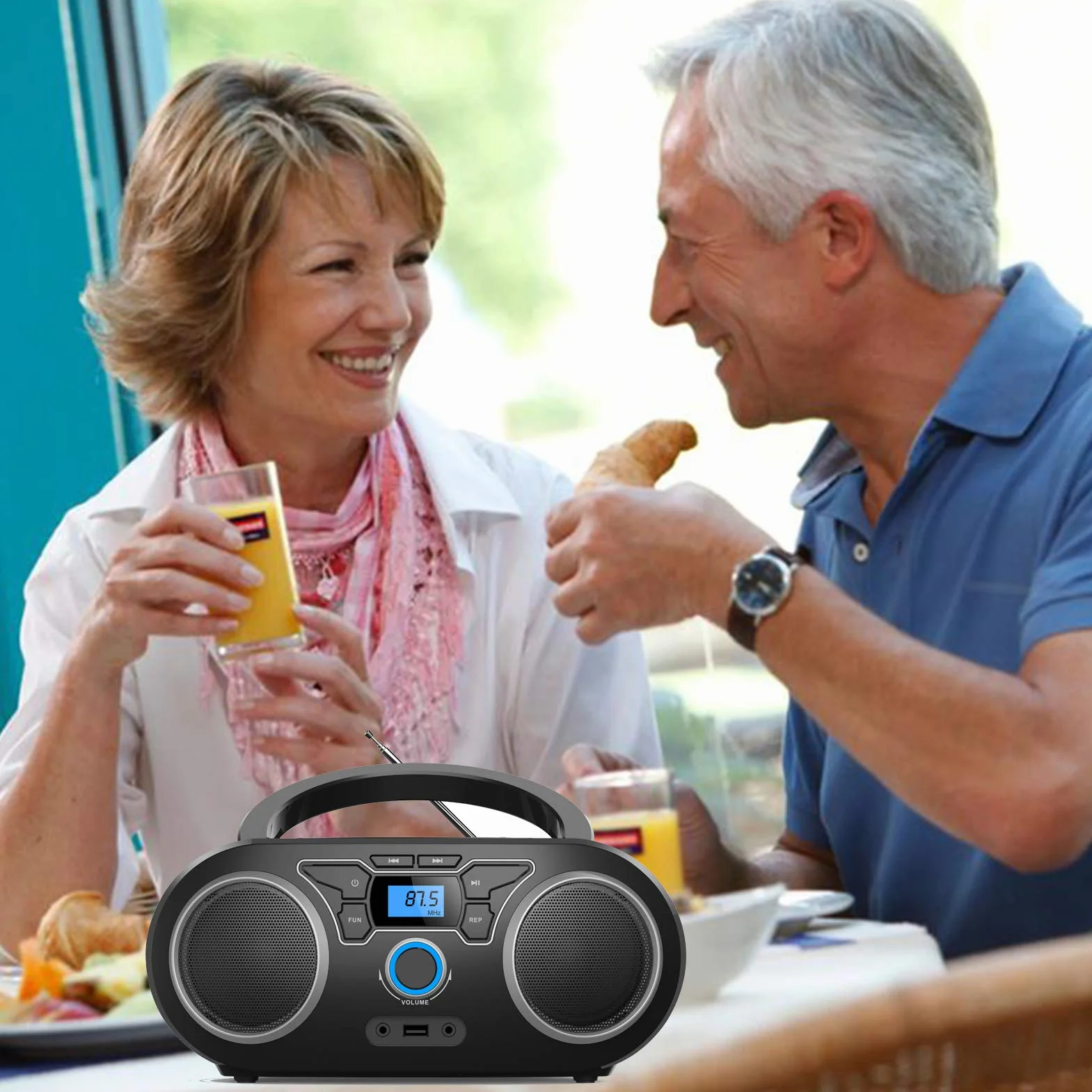 WISCENT Lettore CD Boombox Portatile - Stereo con Radio FM, Ingresso Bluetooth, USB, AUX, Uscita Auricolari, Audio Domestico Compatto, AC o Alimentato a Batteria