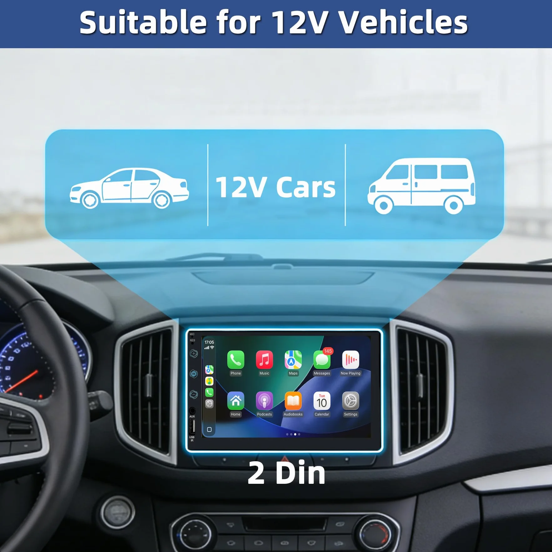 Autoradio 2 DIN con Carplay e Android Auto - Schermo tattile da 7 pollici con telecamera posteriore, Mirror Link, USB/AUX/FM, adatto per veicoli a 12V