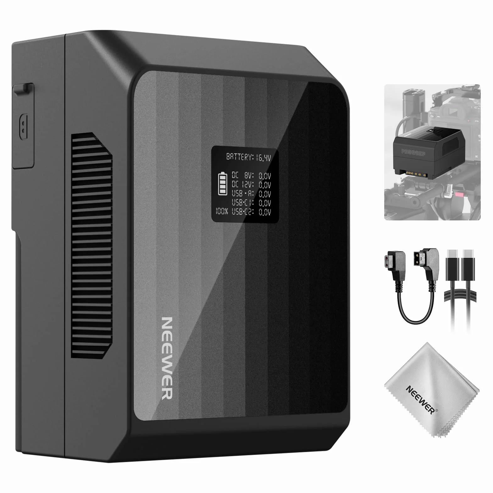 NEEWER PS099EP Mini V Mount Battery, Batteria V Lock 6800mAh 99Wh, Ricarica Rapida PD 100W, Due USB C/D Tap/BP/USB A/Doppio DC/Schermo OLED/Panno Pulizia per Videocamera Fotocamera Monitor Luce Video