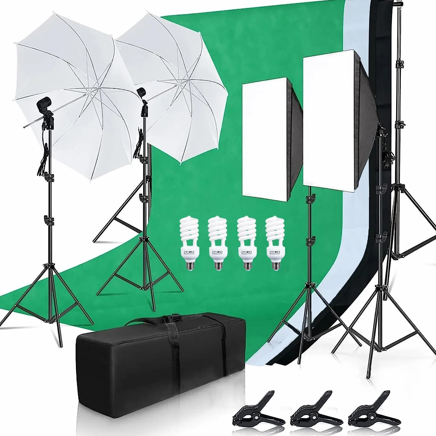 Andoer Kit Studio Fotografico, Sistema Supporto Sfondo 1,6m x 3m con Softbox, Lampadine 45W, Ombrello, Portalampada E27, Stativi 2M, Trasporto per Fotografia, Foto e Video