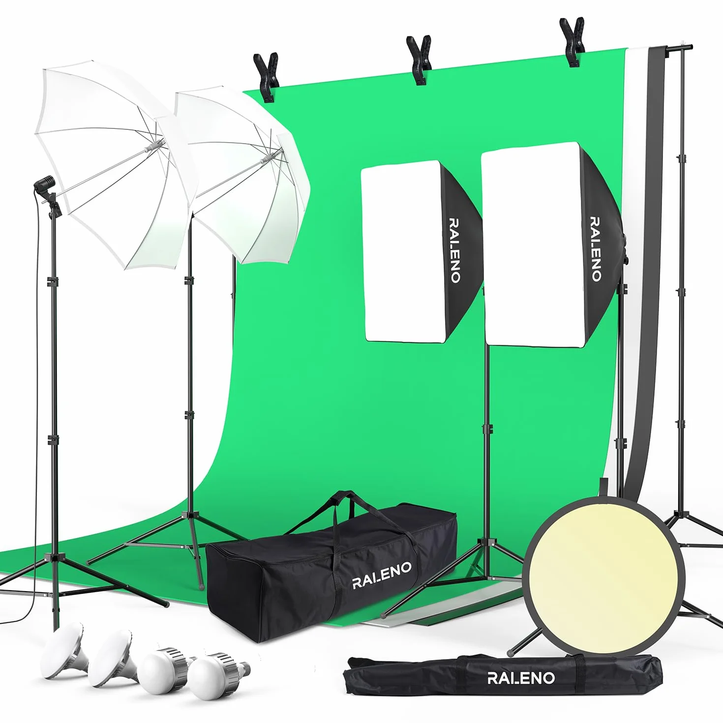 RALENO Set Fotografia, Kit di staffe per sfondo verde 2,6x3 m, Kit di Illuminazione per Studio Softbox con 50W Lampadine LED 5500 K, 97 CRI, Kit Fotografico in Studio