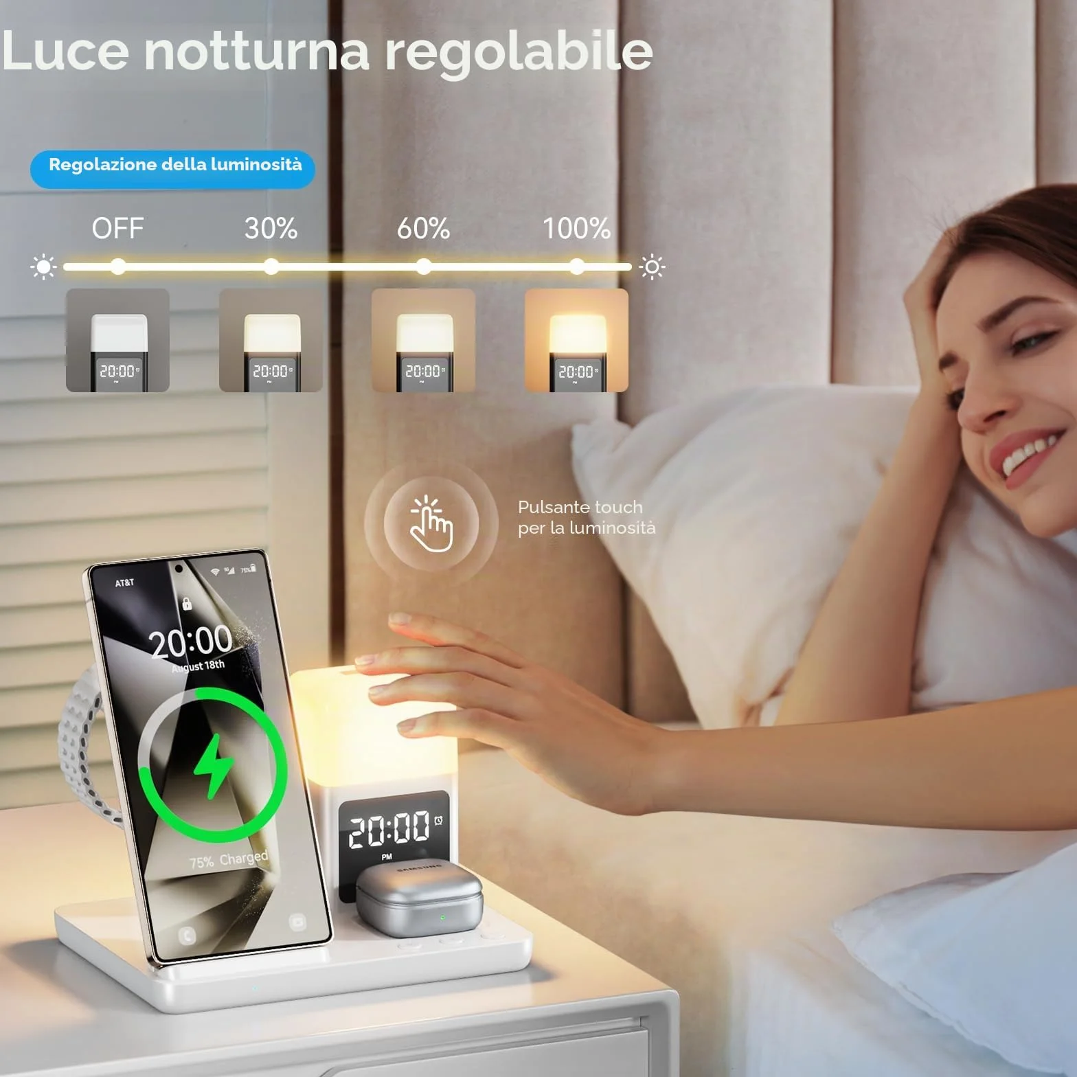 Stazione di Ricarica Induttiva 6 in 1 Aggiornata per Samsung con Sveglia e Luce a 3 Colori | Ricarica Senza Fili 15W Rapida per Galaxy S25/S24/Z Fold6/Flip/Note Galaxy Watch Ultra/6/5 Pro Galaxy Buds