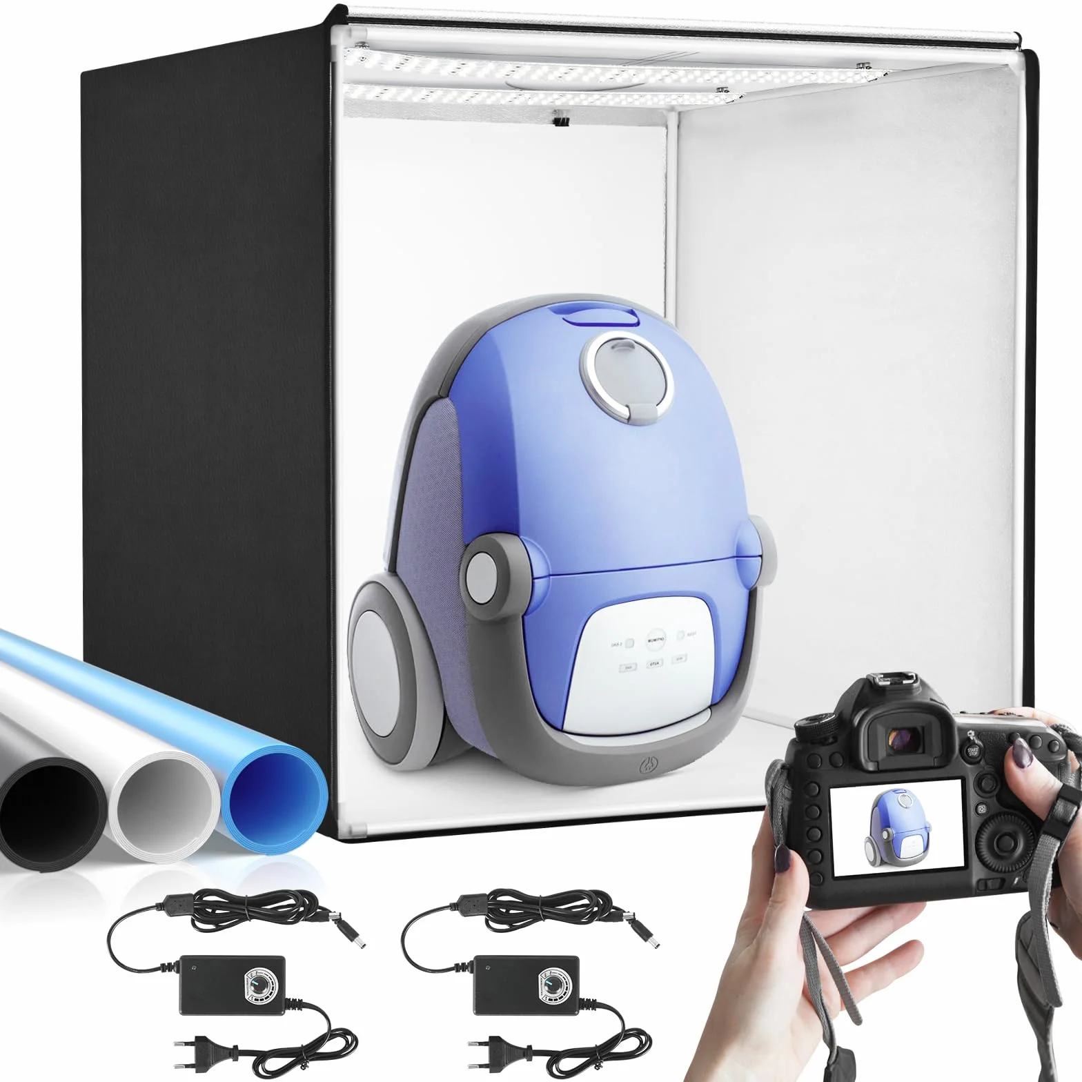 Set di tende luminose per studio fotografico, 100 x 100 x 100 cm, con 384 luci a LED e 3 sfondi di colore per fotografia