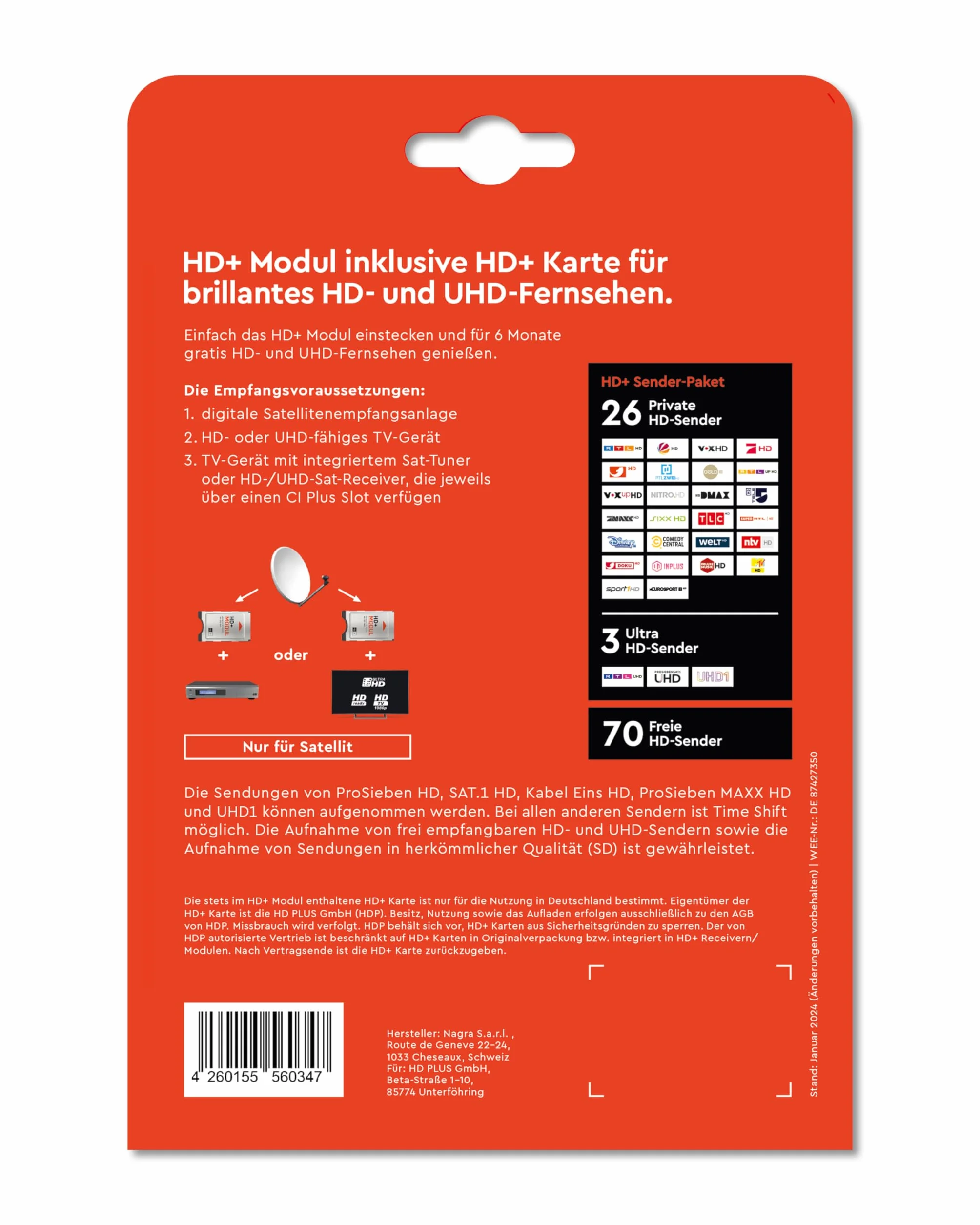 HD PLUS 4260155560132 HD + scheda per 6 mesi programmi Nero