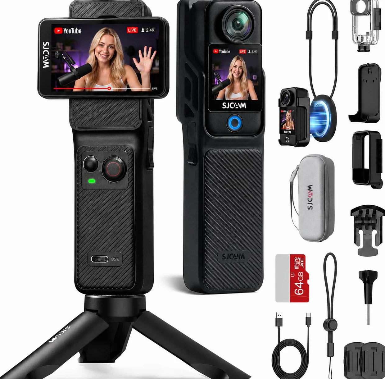 SJCAM C400 Kit Vlog (64GB) 4K Action Camera, 2.29" Touchscreen, 6-Axis Stabilization, Waterproof, Nero