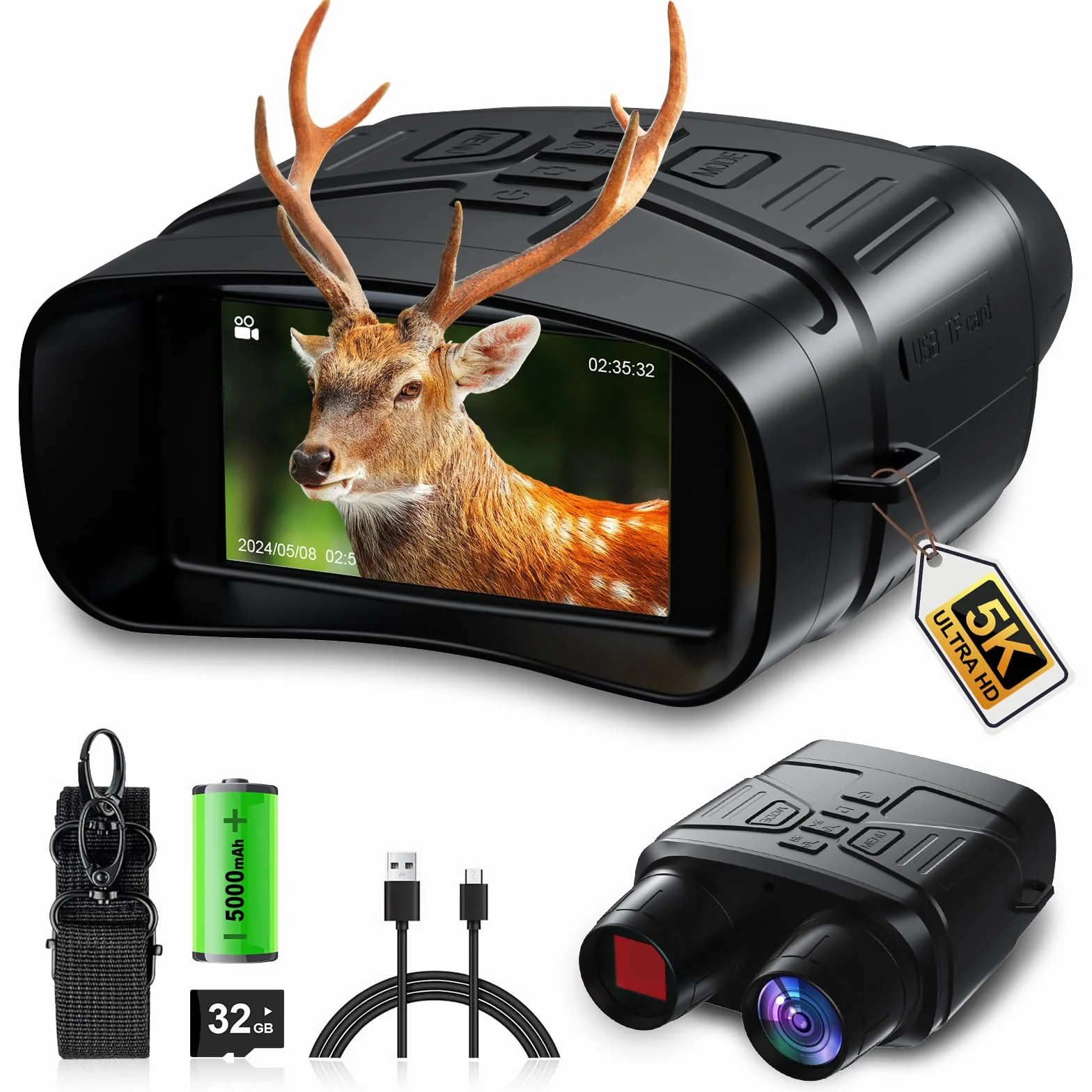 Visore Notturno Termico 5K | Binocolo Visione Notturna 10x Zoom 300m | 5000mAh IP65 | 9 IR + Schermo 3" | per Caccia, Campeggio | 32GB Inclusa | Binocoli Professionali Potenti