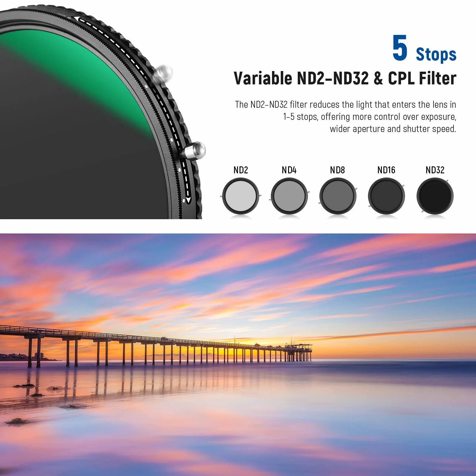 NEEWER 2 in 1 Filtro ND Variabile 58mm ND2-ND32 e CPL(Polarizzatore), senza X/Vetro Ottico HD/multistrato/ultra sottile/idrorepellente/resistente ai graffi