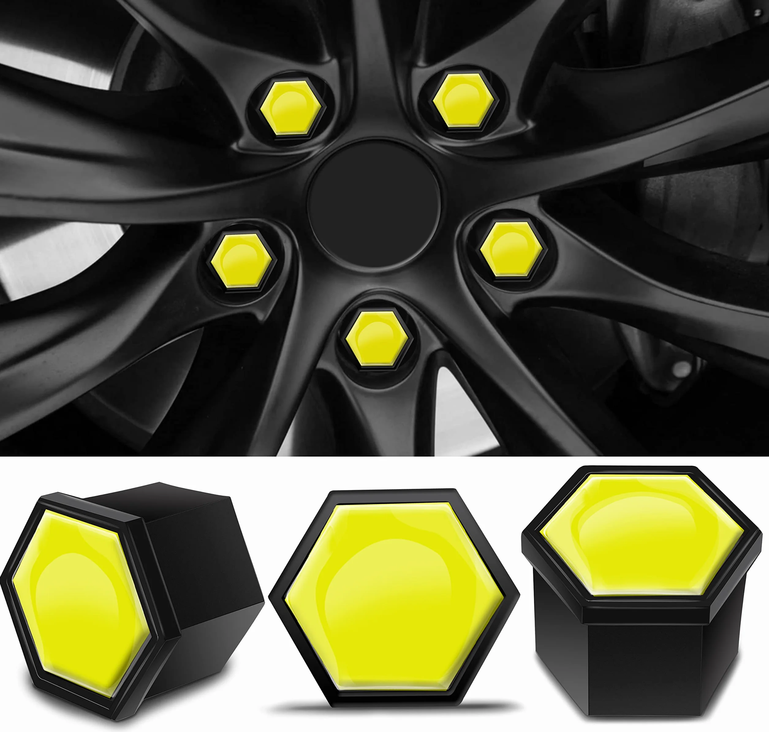 Biomar Labs 20 Pezzi Tappi per Dadi Ruota 19mm Copri Dadi per Bulloni della Ruota Esagonali per Pneumatici con Set di Strumenti di Rimozione per Auto Giallo LC 4